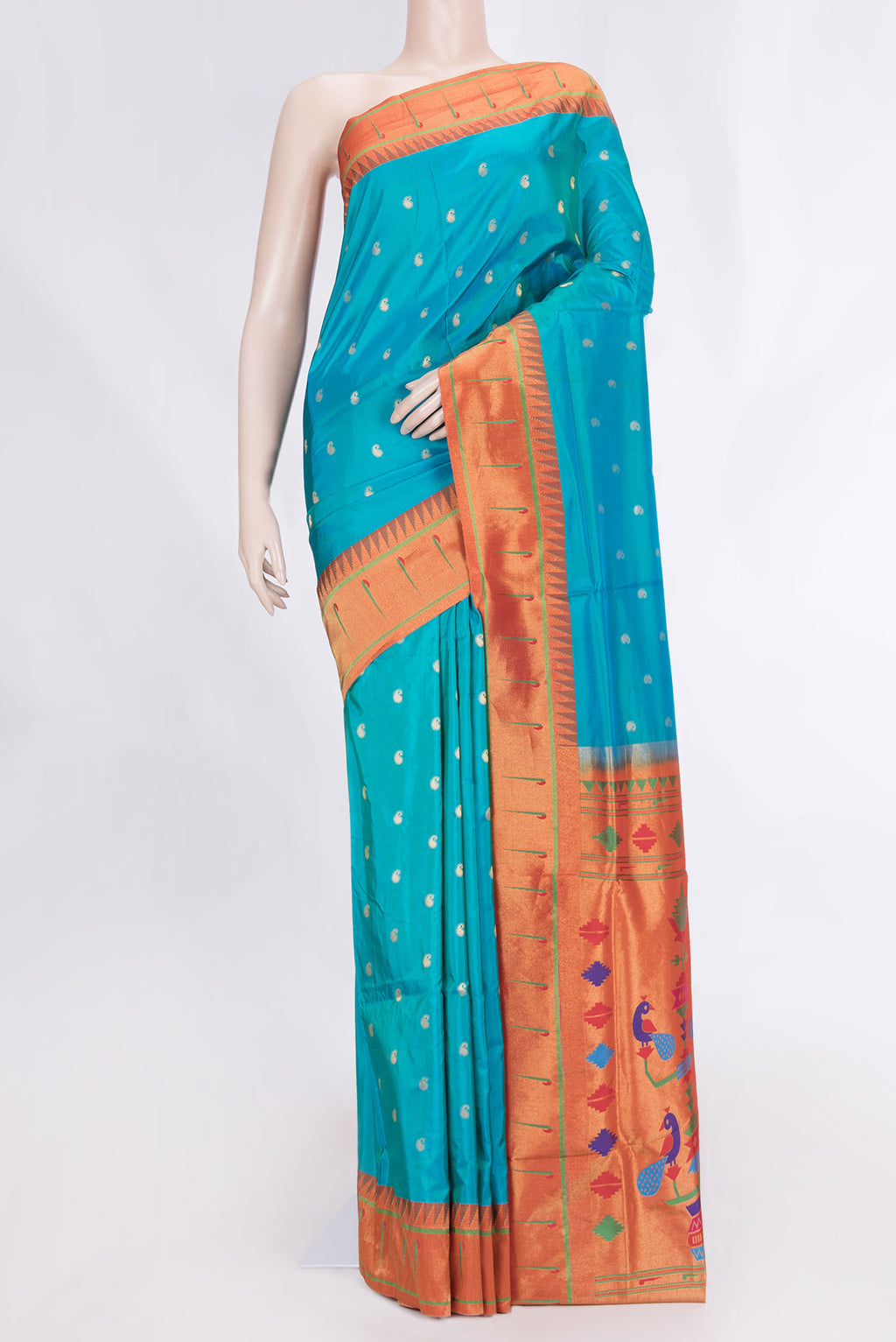 Sky Blue Dual Tone Paithani Silk Saree with Zari Butta on the body and Paithani Border displayed on a mannequin