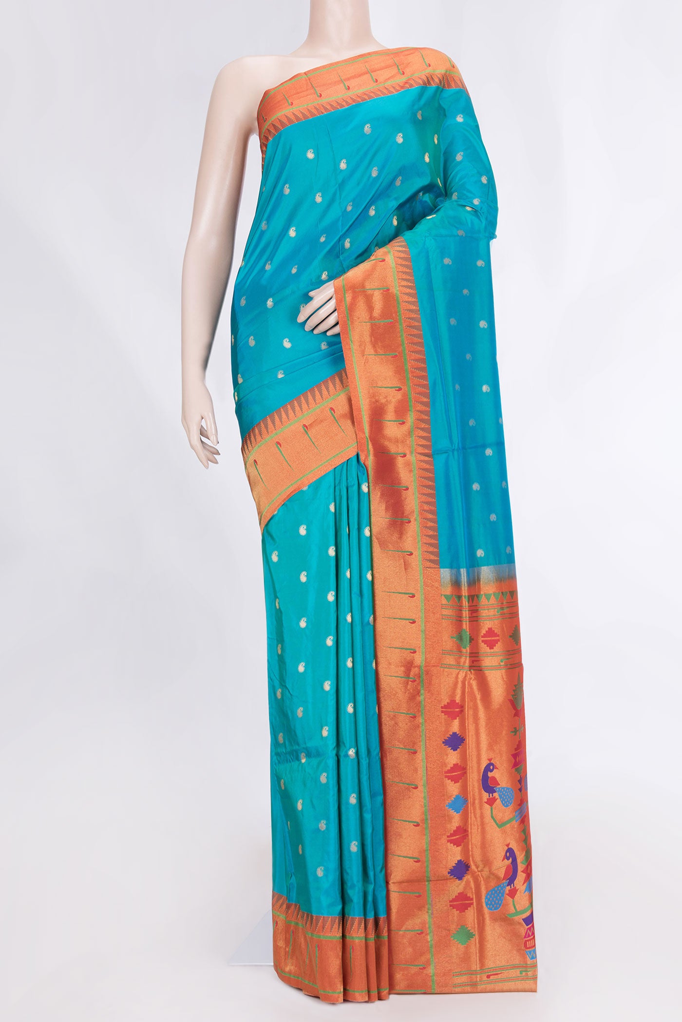 Sky Blue Dual Tone Paithani Silk Saree with Zari Butta on the body and Paithani Border displayed on a mannequin