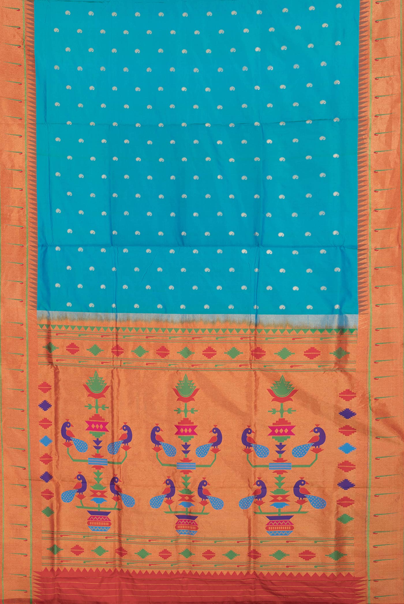 Flat view of Sky Blue Dual Tone Paithani Silk Saree with Zari Butta on the body and Paithani Border