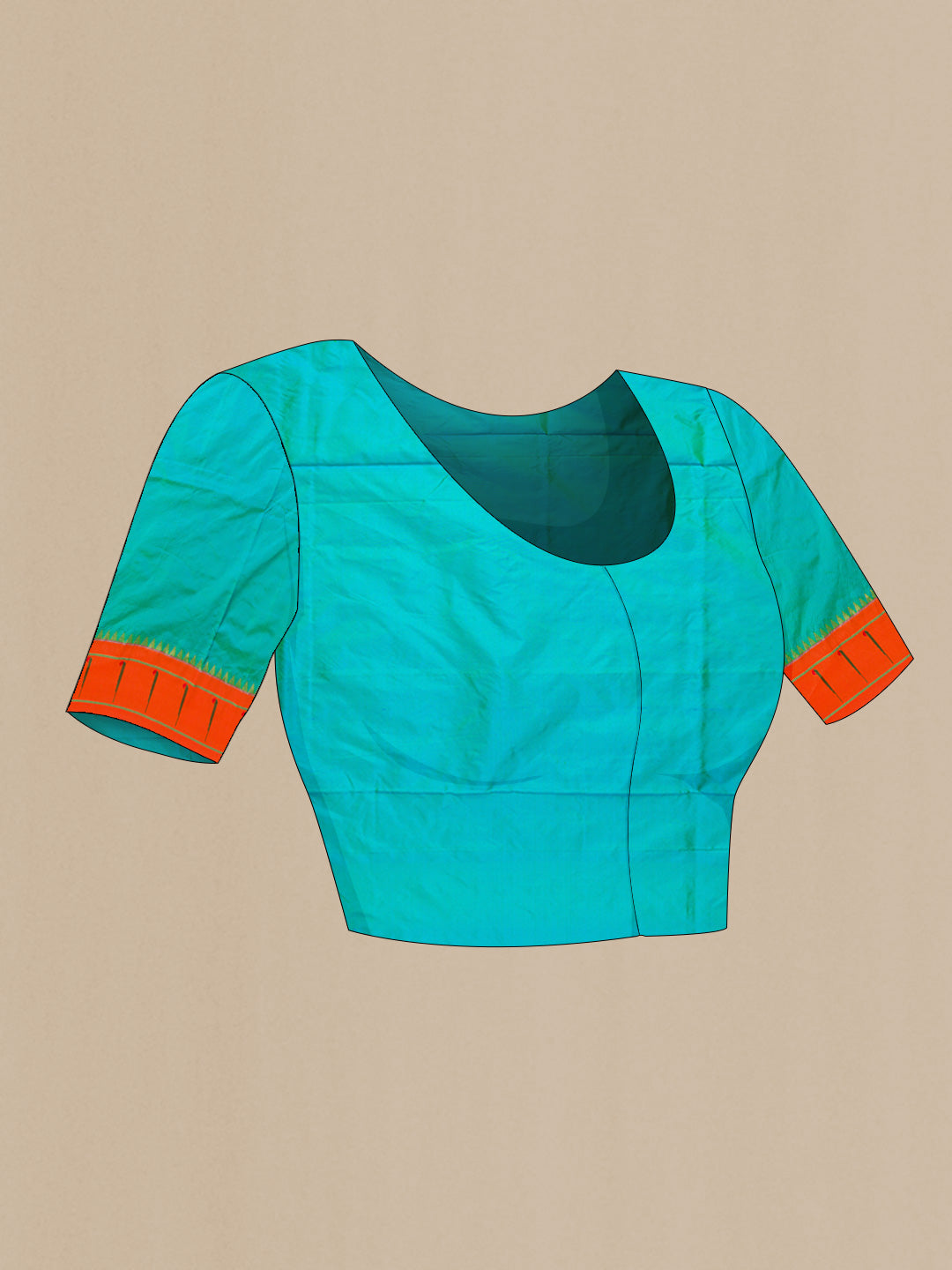 Close up image of the blouse of Green Dual Tone Paithani Silk Saree with Zari Butta on the body and Paithani Border. 