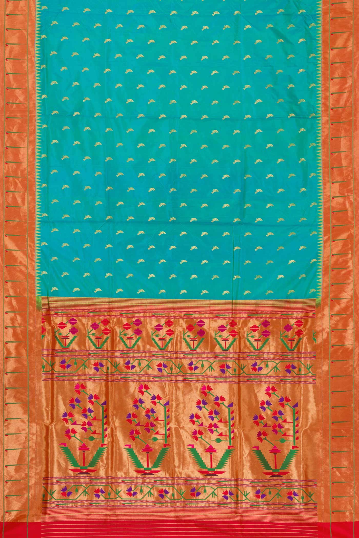 Flat view of Green Dual Tone Paithani Silk Saree with Zari Butta on the body and Paithani Border. 