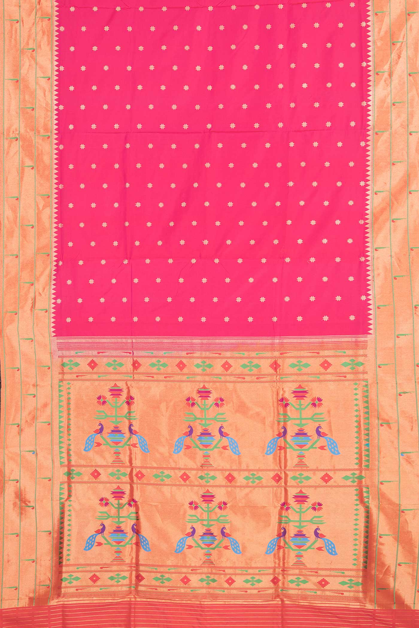Flat view of Pink Dual Tone Paithani Silk Saree with Zari Butta on the body and Paithani Border