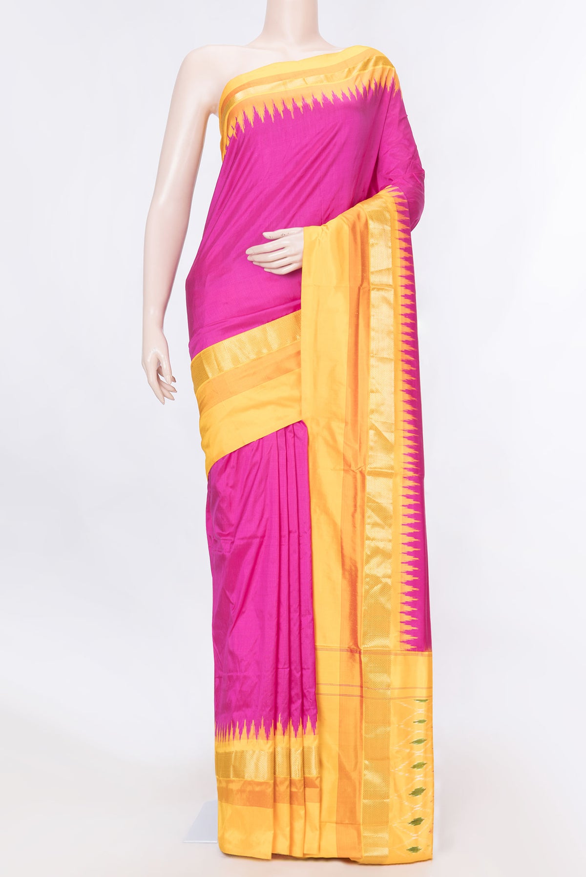 Dark Pink Dual Tone Pochampally Silk Saree with Plain Body and Zari Border displayed on a mannequin
