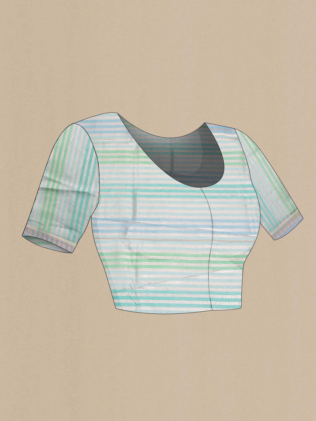 Close up image of the blouse of Sky Blue and Sea Green Color Banarasi Saree with Stripes on the body and Zari Border