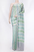 Sky Blue and Sea Green Color Banarasi Saree with Stripes on the body and Zari Border displayed on a mannequin