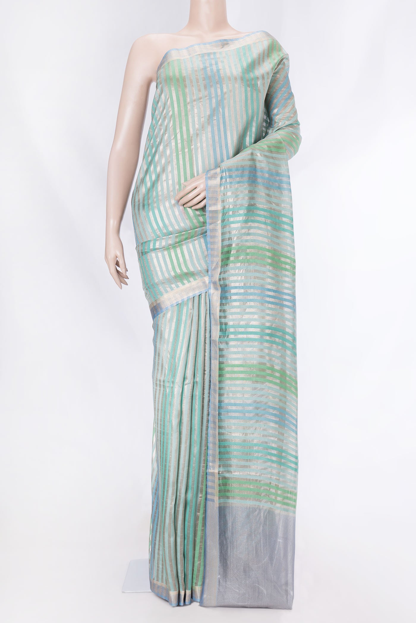 Sky Blue and Sea Green Color Banarasi Saree with Stripes on the body and Zari Border displayed on a mannequin