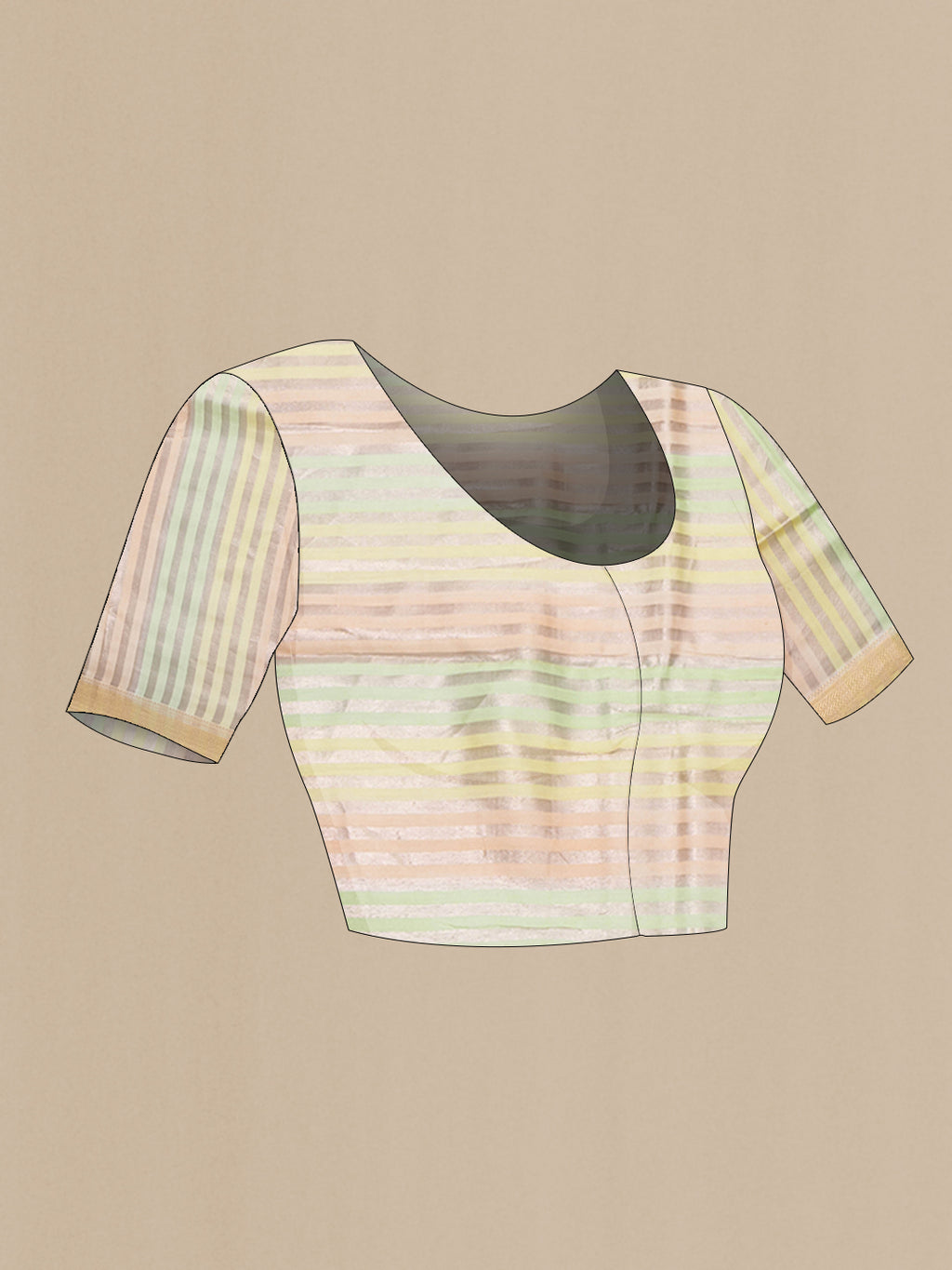 Close up image of the blouse of Multi Color Tussar Silk Saree with Stripes on the body and Zari Border. 