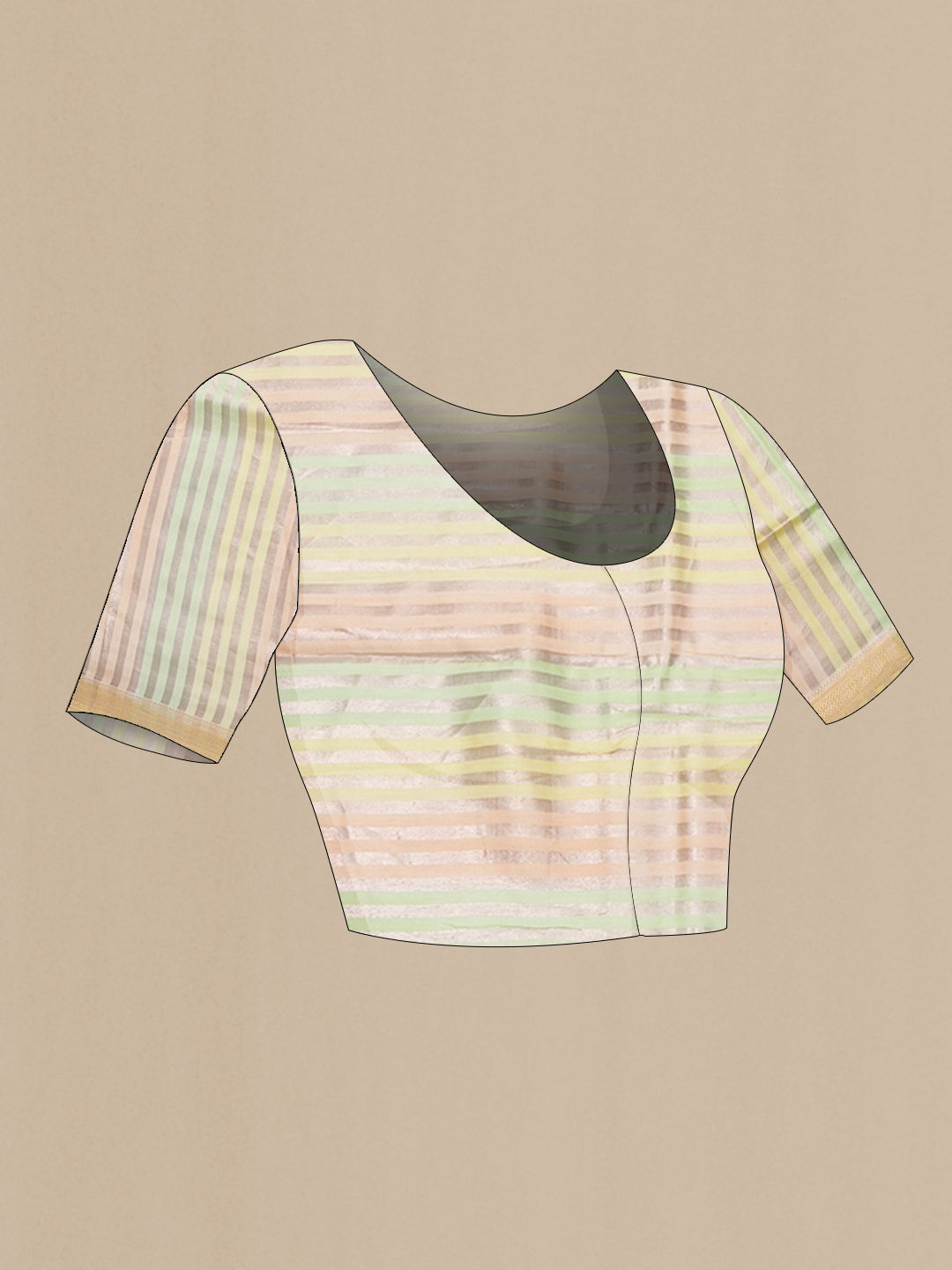 Close up image of the blouse of Multi Color Tussar Silk Saree with Stripes on the body and Zari Border. 