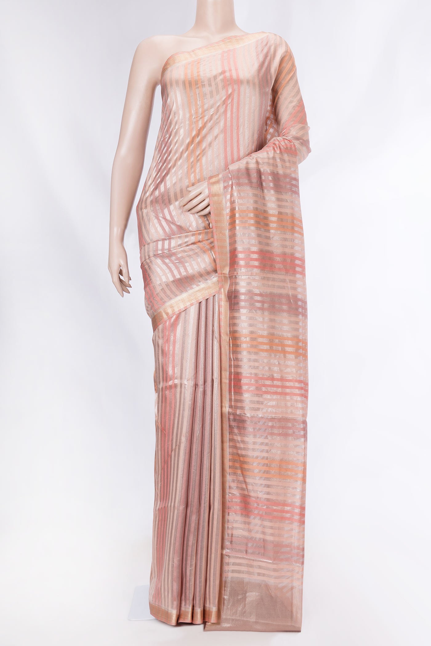 Golden Peach Dual Tone Banarasi Saree with Stripes on the body and Zari Border displayed on a mannequin