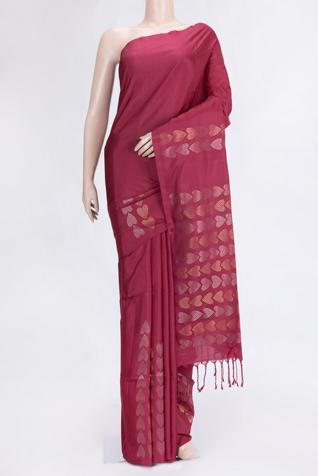 Maroon Dual Tone Soft Silk Saree with Zari Butta on the body and Without Border.  displayed on a mannequin