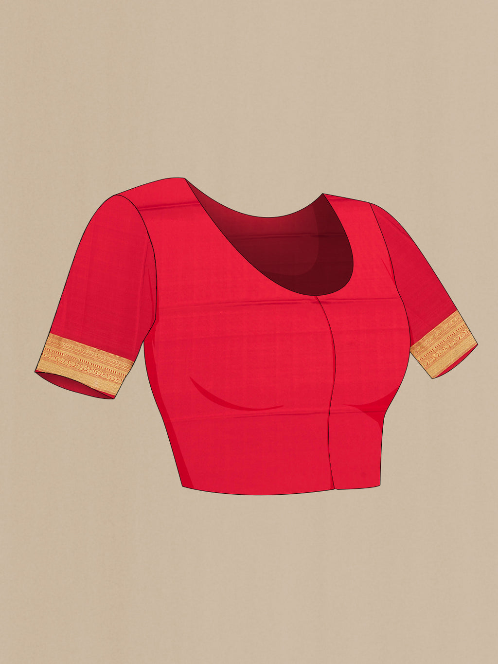 Close up image of the blouse of Red Mysore Silk Saree with Zari Butta on the body and Zari Border. 