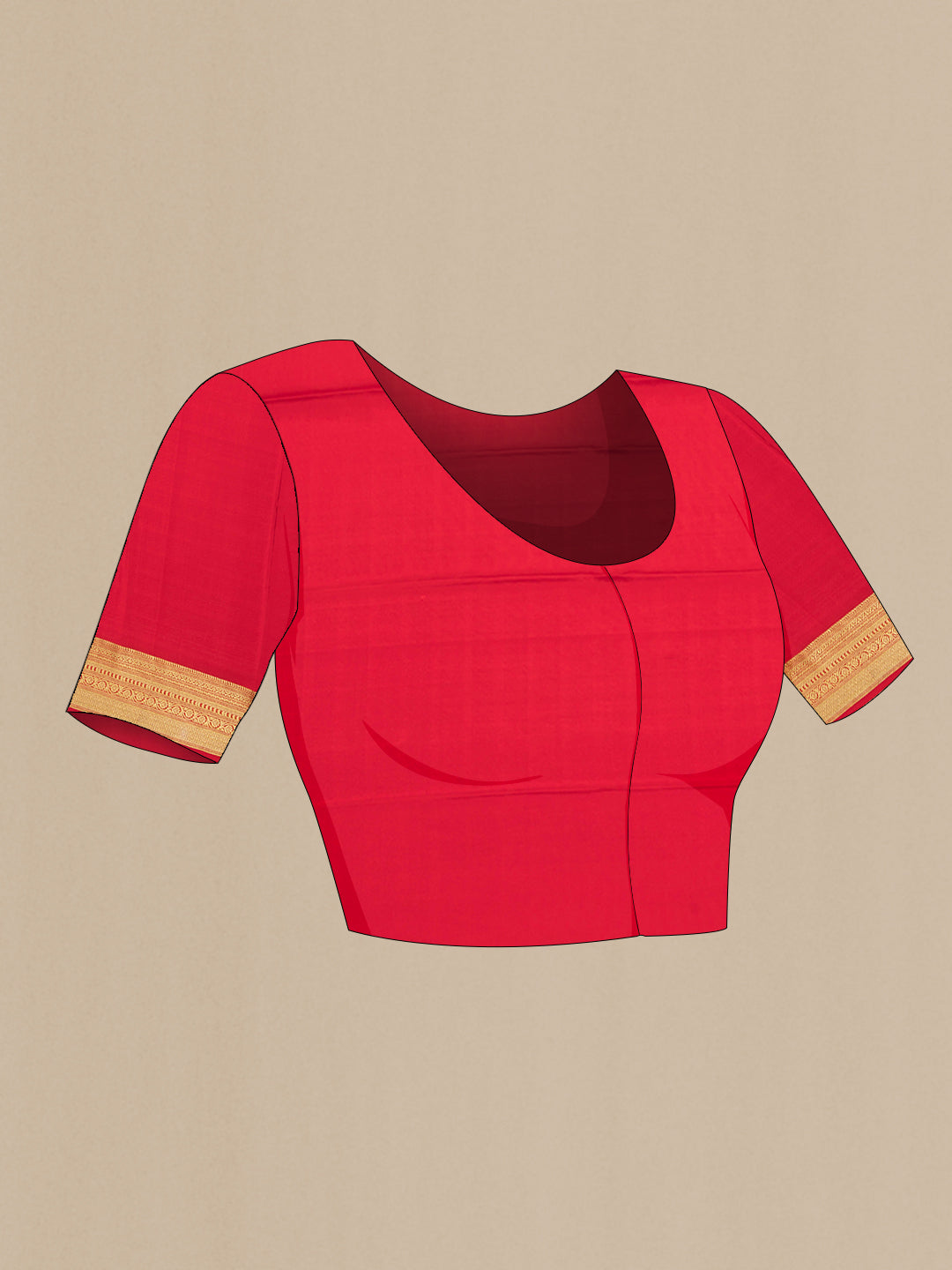 Close up image of the blouse of Red Mysore Silk Saree with Zari Butta on the body and Zari Border. 