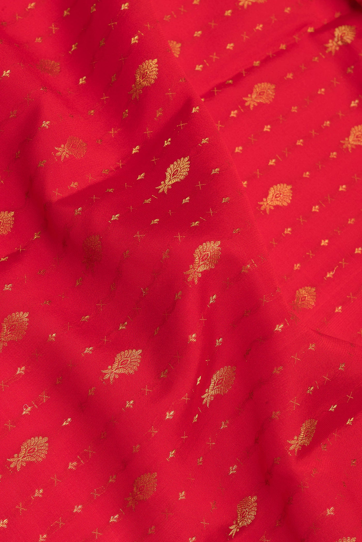 Close up of Red Mysore Silk Saree with Zari Butta on the body and Zari Border.  displaying folds