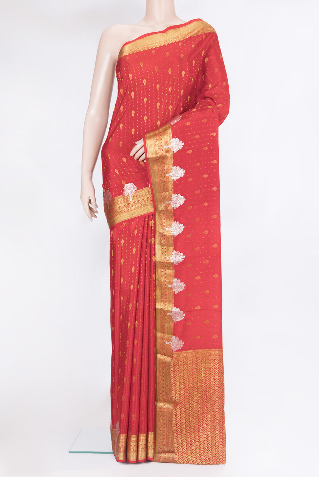 Red Mysore Silk Saree with Zari Butta on the body and Zari Border.  displayed on a mannequin