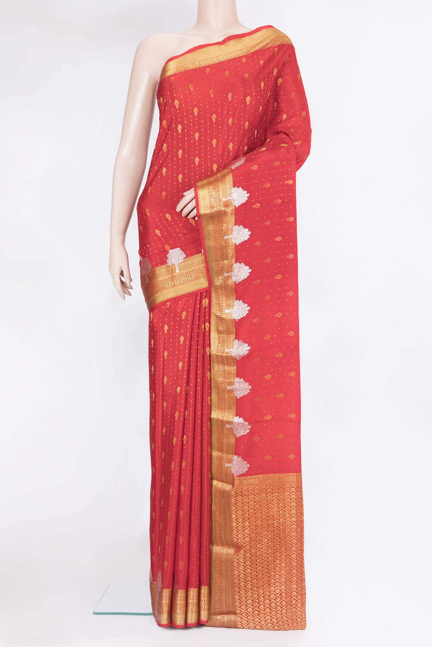 Red Mysore Silk Saree with Zari Butta on the body and Zari Border.  displayed on a mannequin
