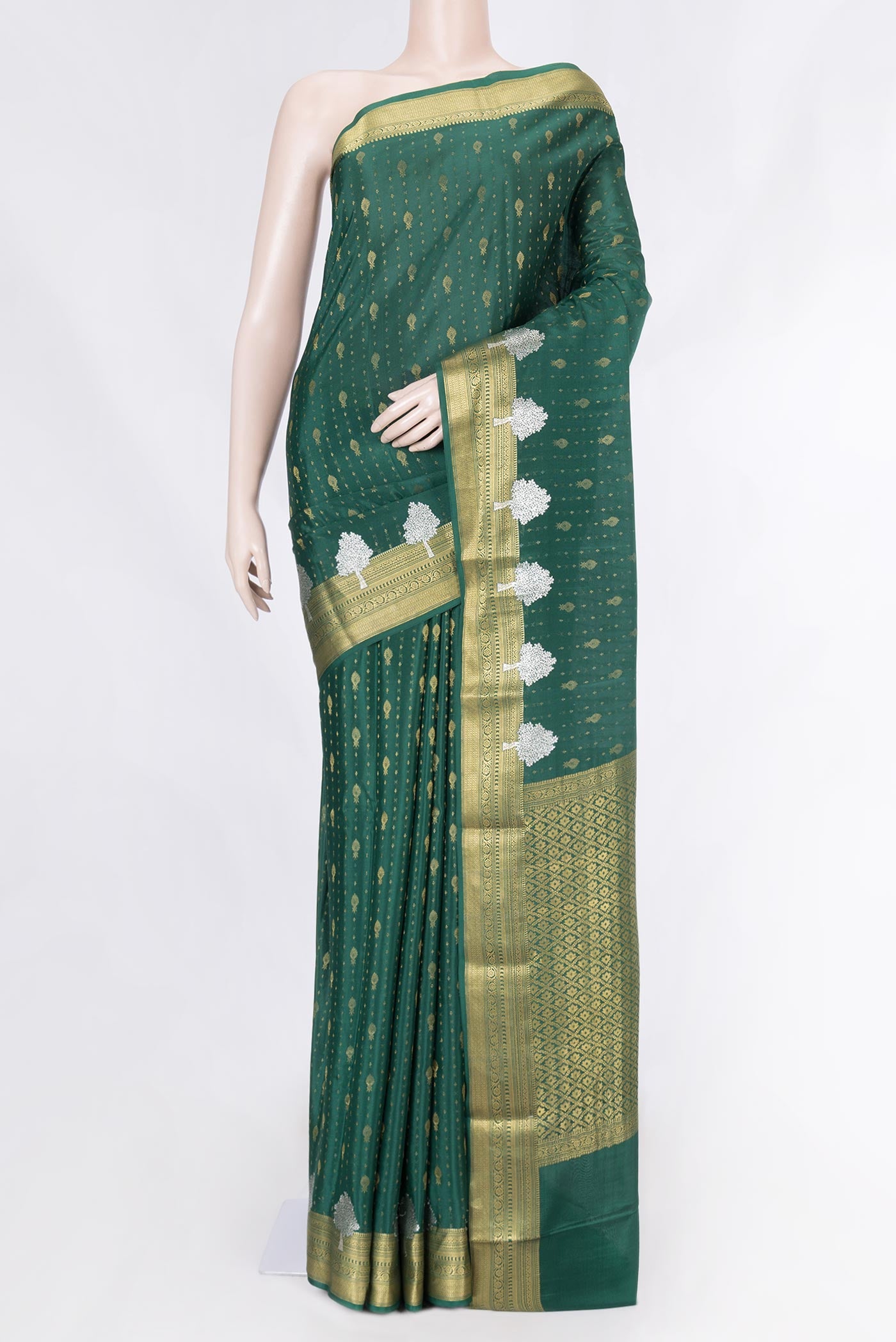 Green Dual Tone Mysore Crepe Saree with Zari Butta on the body and Zari Border displayed on a mannequin