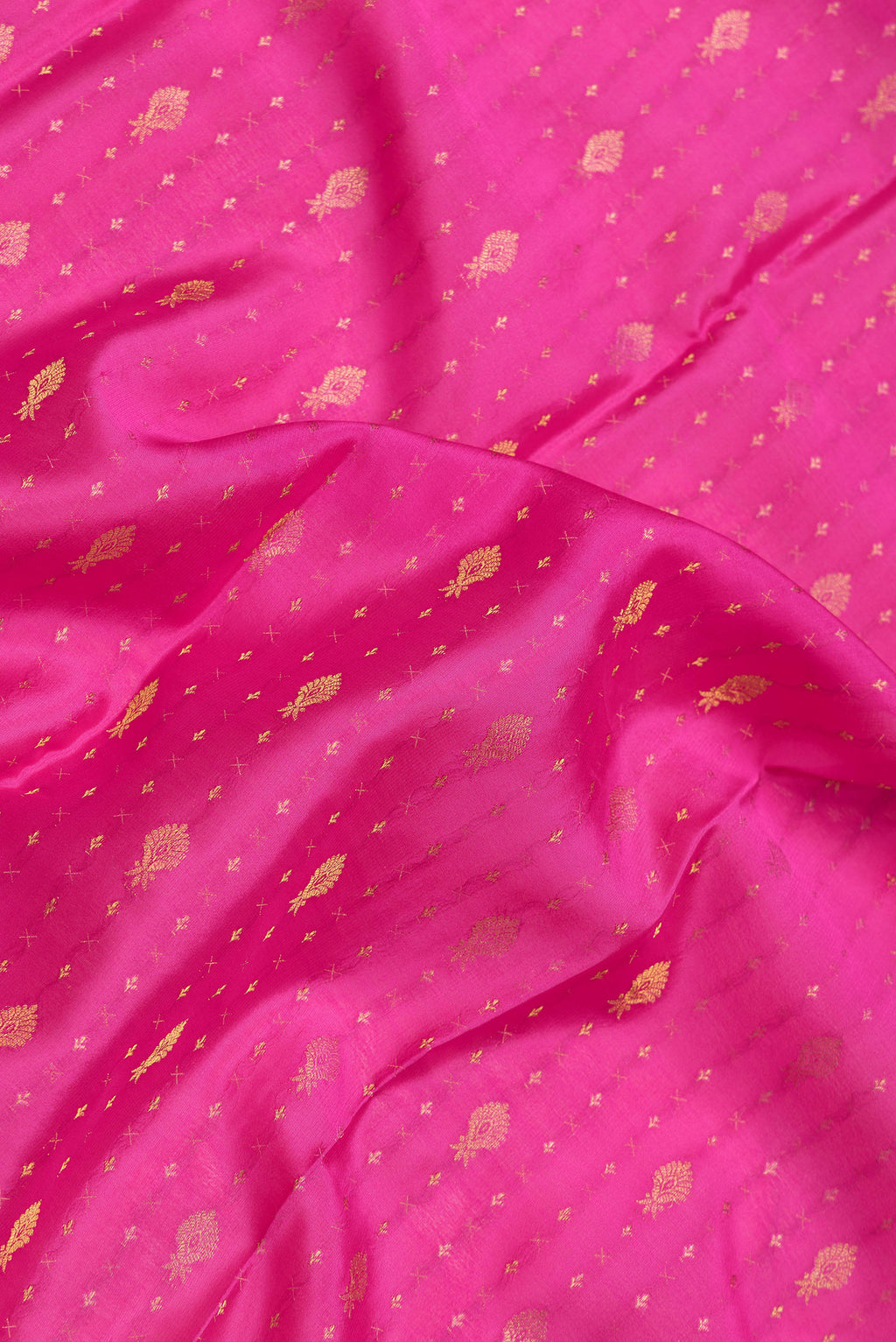 Close up of Pink Dual Tone Mysore Silk Saree with Zari Butta on the body and Zari Border.  displaying folds