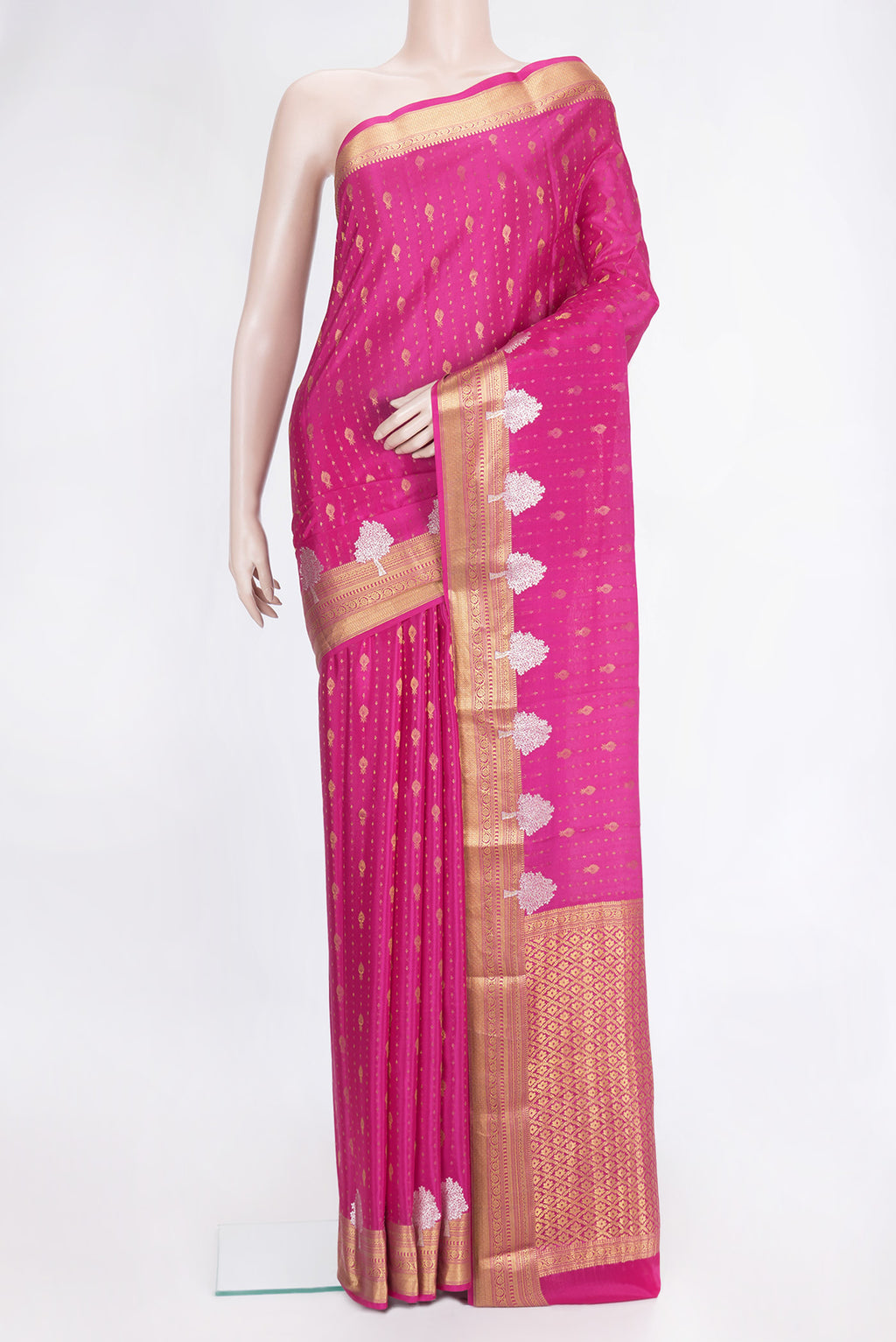 Pink Dual Tone Mysore Silk Saree with Zari Butta on the body and Zari Border.  displayed on a mannequin