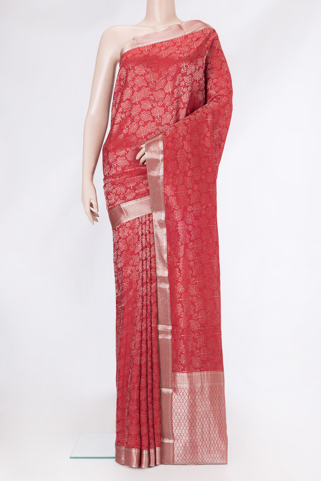 Red Dual Tone Mysore Silk Saree with Zari Brocade on the body and Zari Border.  displayed on a mannequin