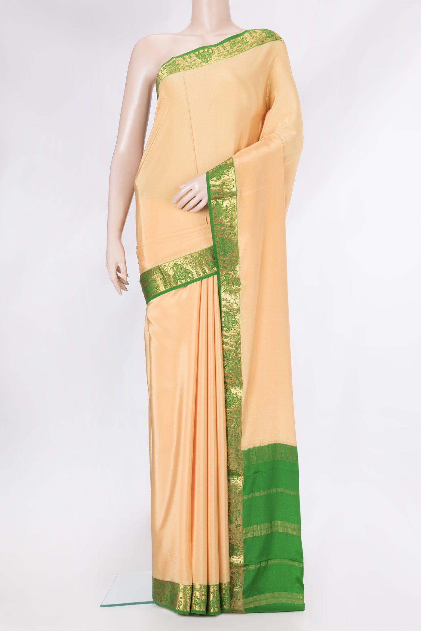 Sandal Dual Tone Mysore Silk Saree with Plain Body and Zari Border.  displayed on a mannequin