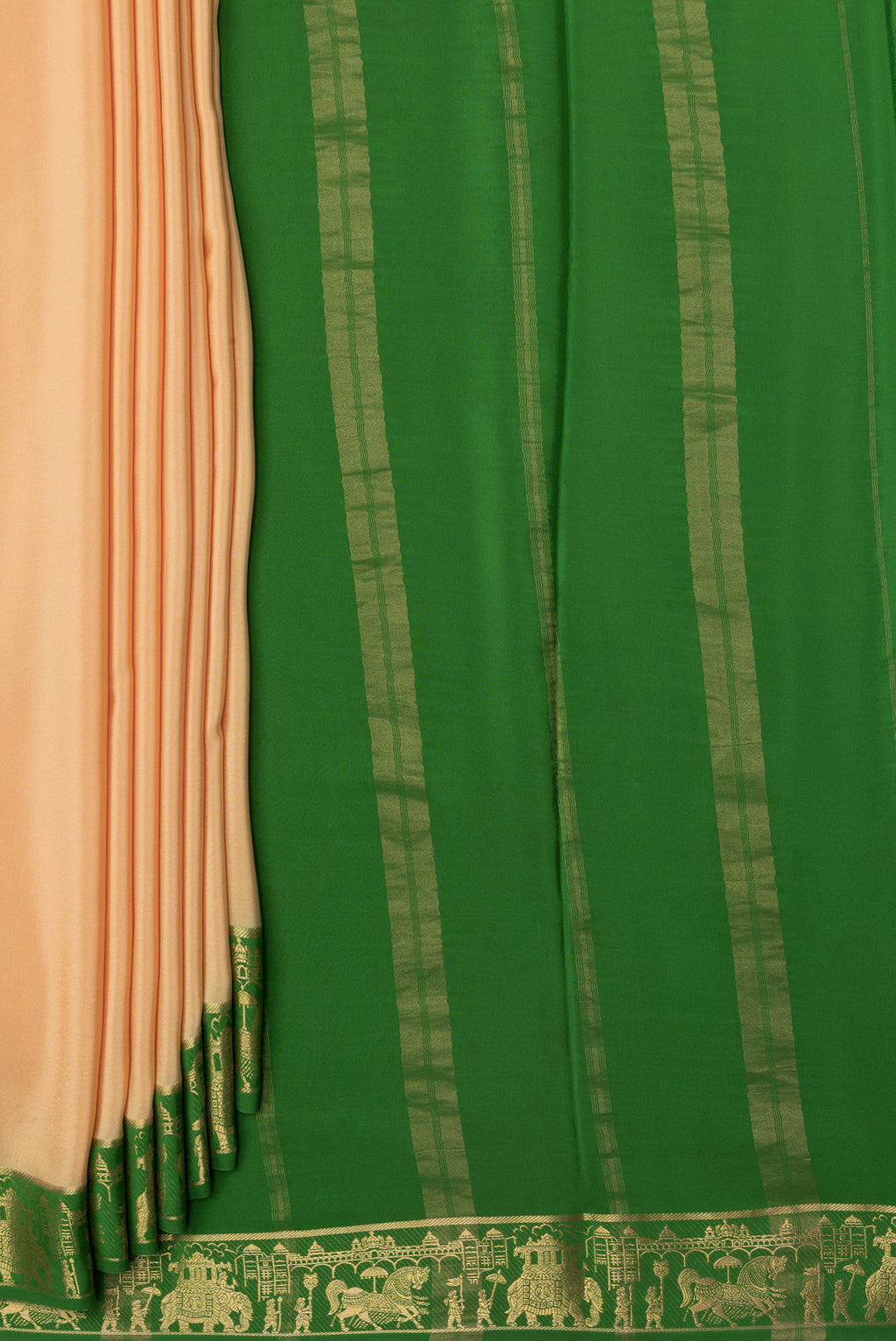 Pleats and pallu of Sandal Dual Tone Mysore Silk Saree with Plain Body and Zari Border. 