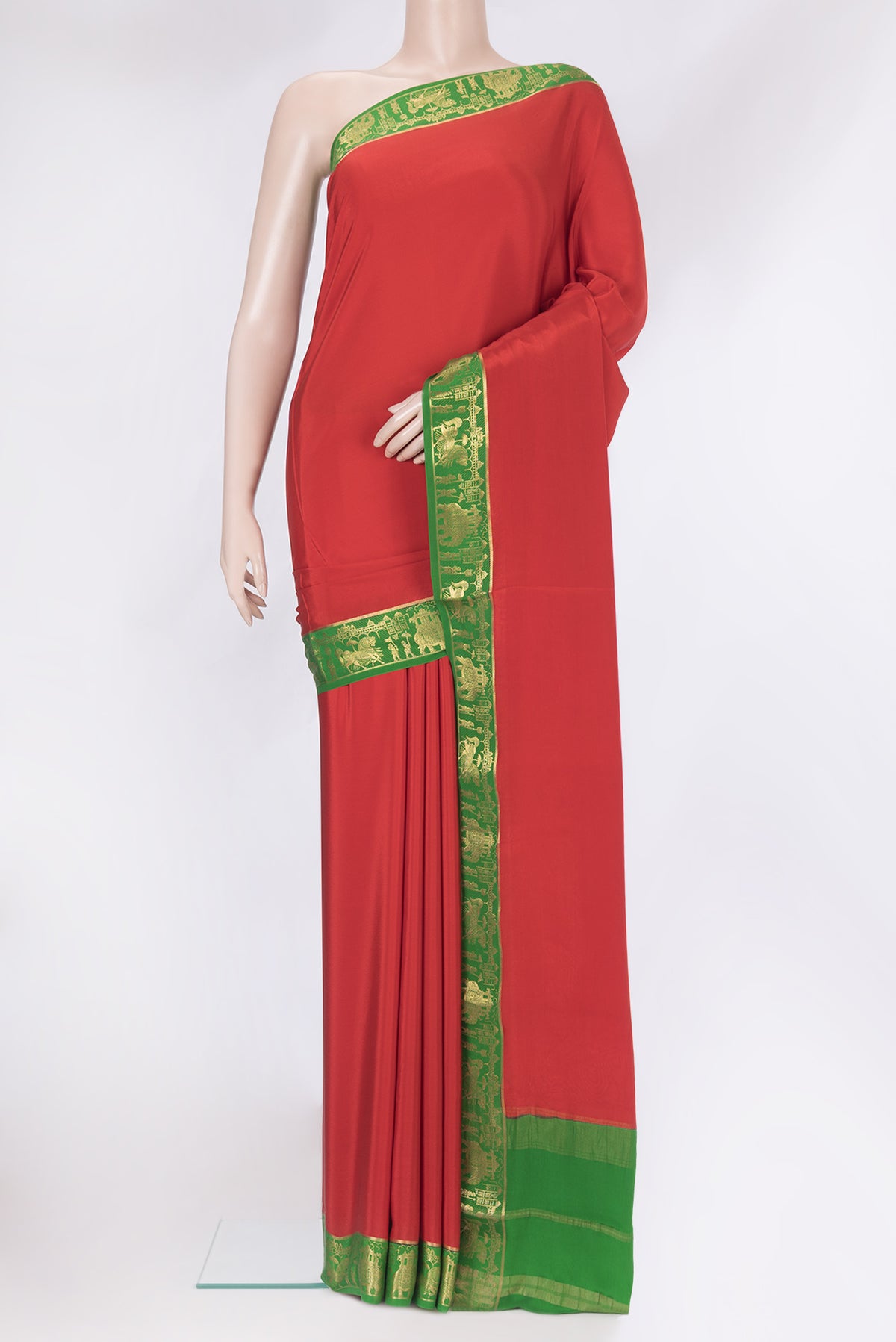 Red Mysore Silk Saree with Plain Body and Zari Border.  displayed on a mannequin
