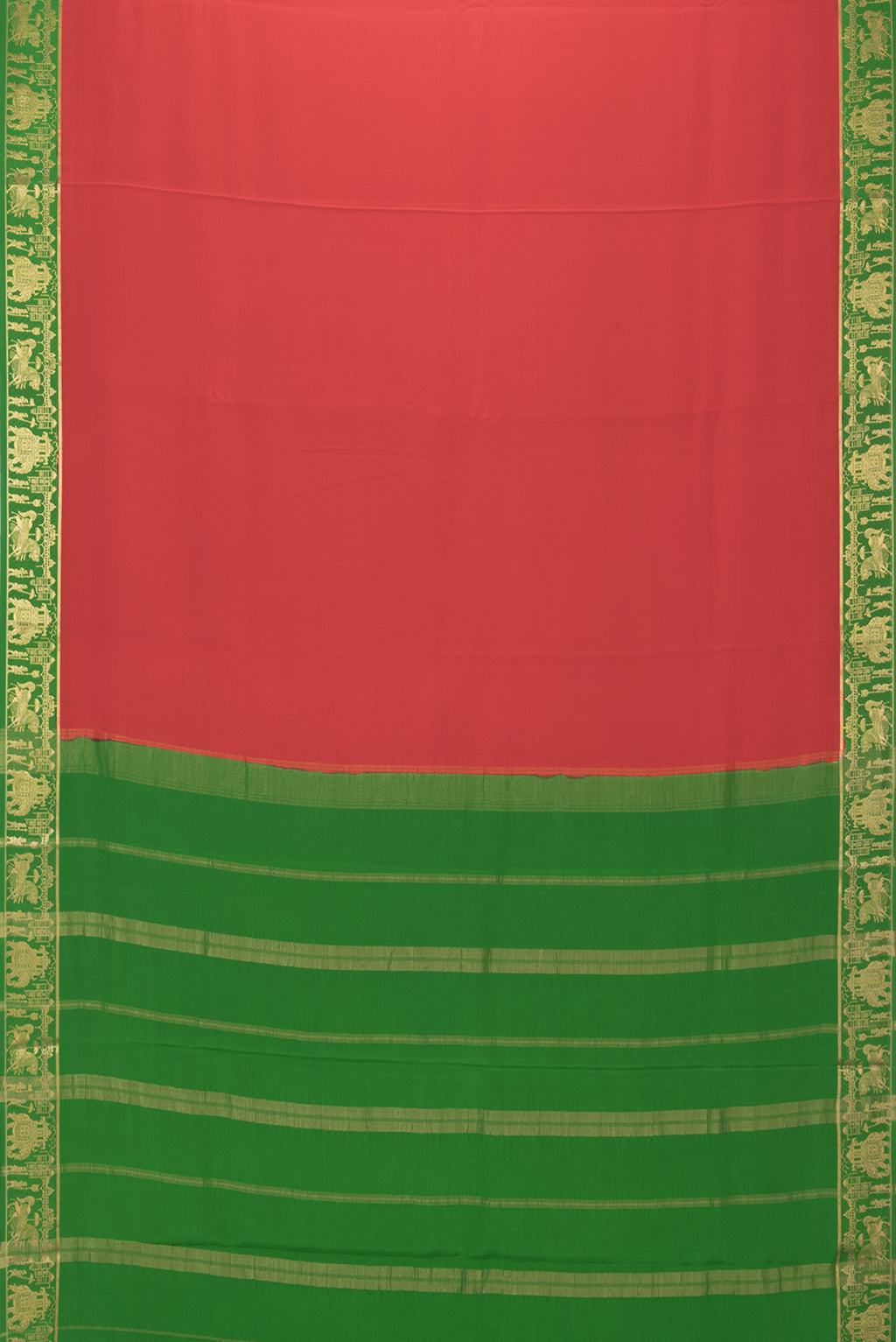 Flat view of Red Mysore Silk Saree with Plain Body and Zari Border. 