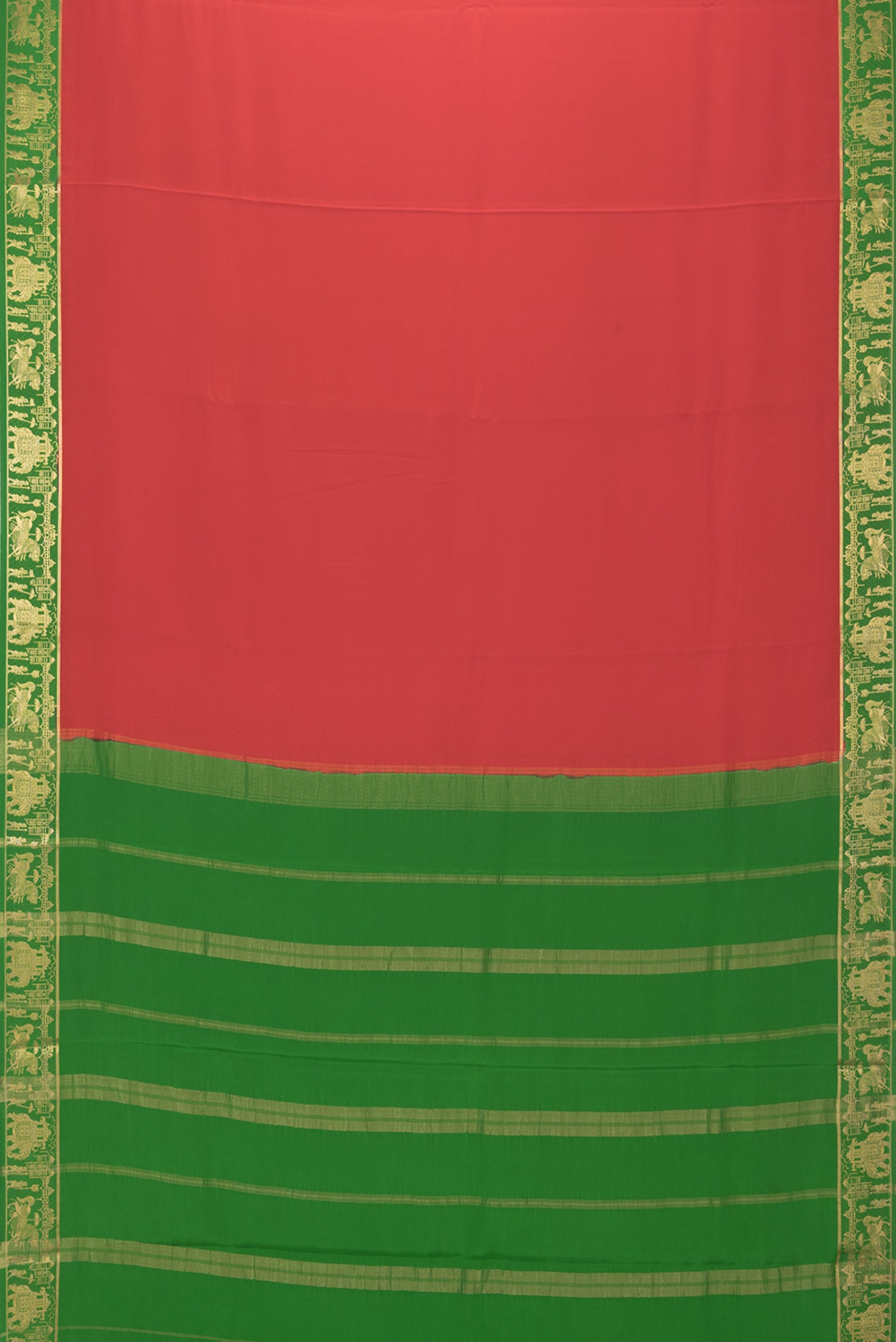 Flat view of Red Mysore Silk Saree with Plain Body and Zari Border. 