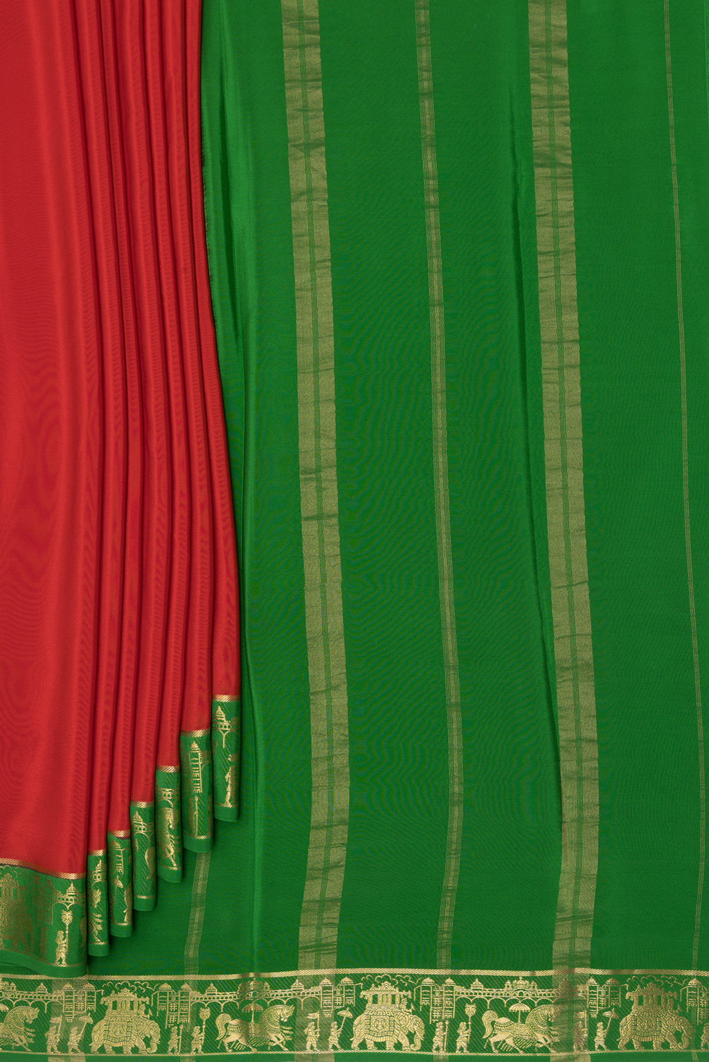 Pleats and pallu of Red Mysore Silk Saree with Plain Body and Zari Border. 
