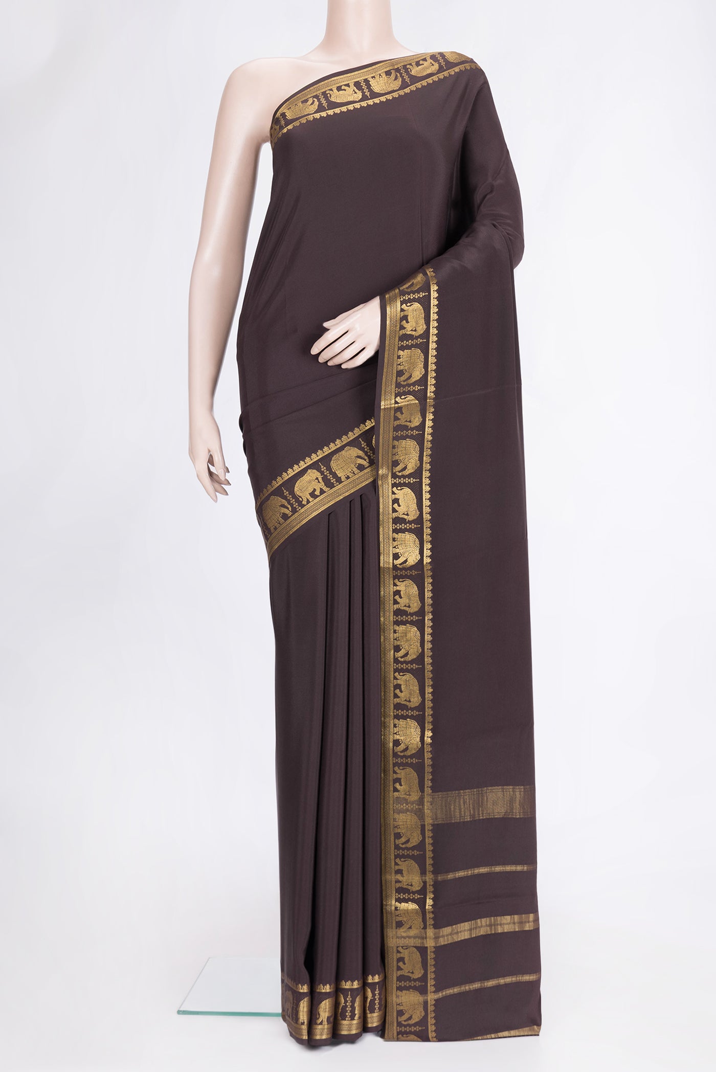 Coffee Brown Dual Tone Mysore Silk Saree with Plain Body and Zari Border.  displayed on a mannequin