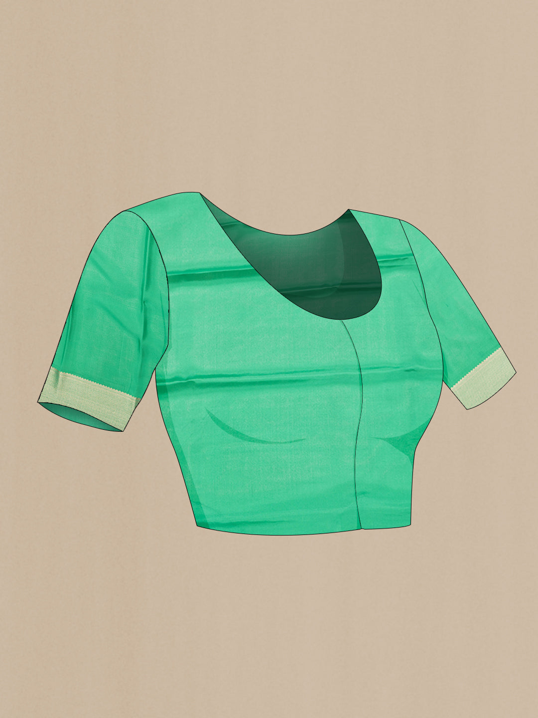 Close up image of the blouse of Sea Green Dual Tone Mysore Silk Saree with Zari Brocade on the body and Zari Border. 