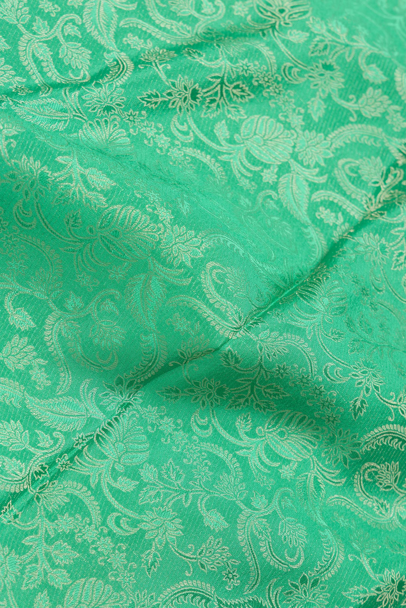 Close up of Sea Green Dual Tone Mysore Silk Saree with Zari Brocade on the body and Zari Border.  displaying folds