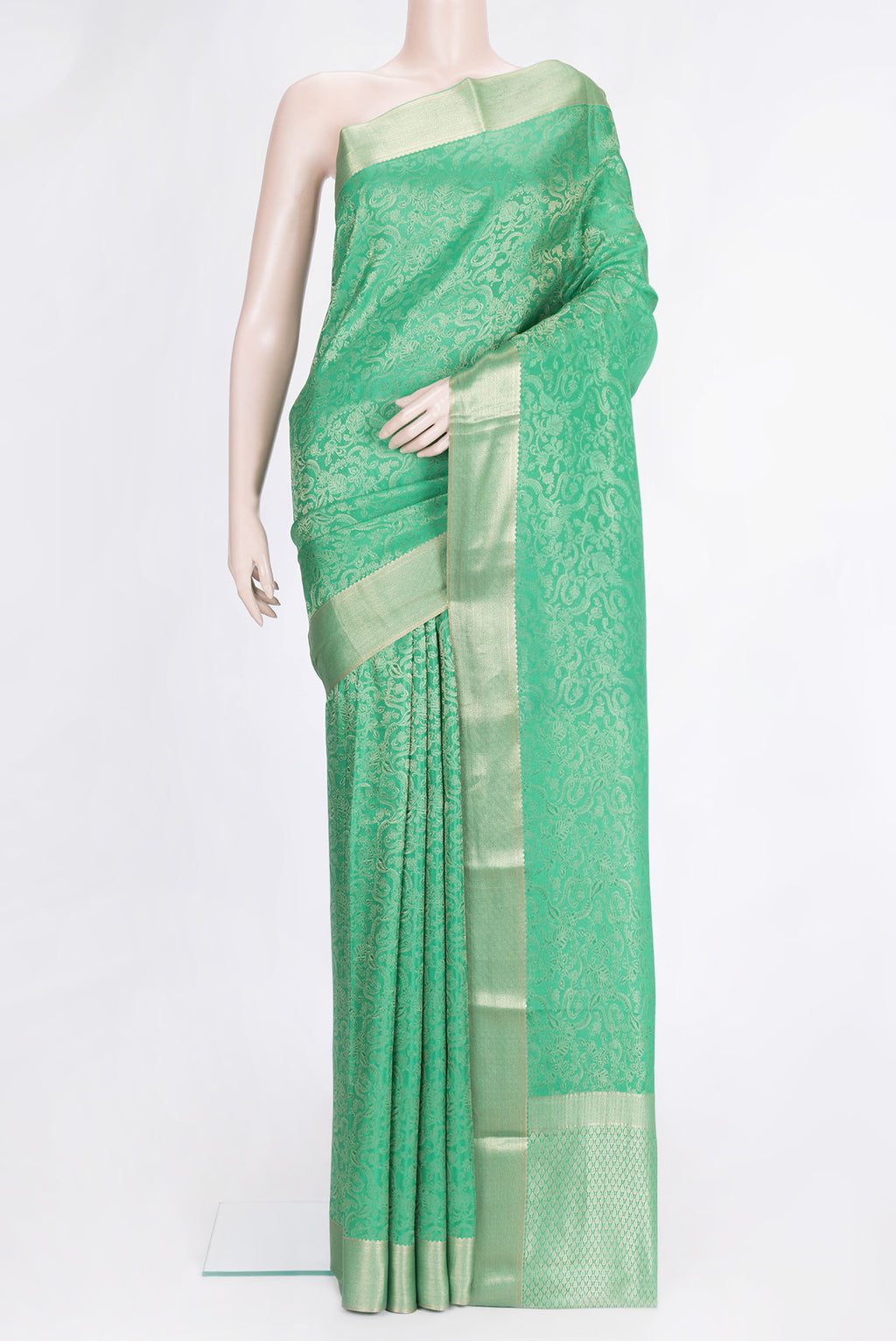 Sea Green Dual Tone Mysore Silk Saree with Zari Brocade on the body and Zari Border.  displayed on a mannequin