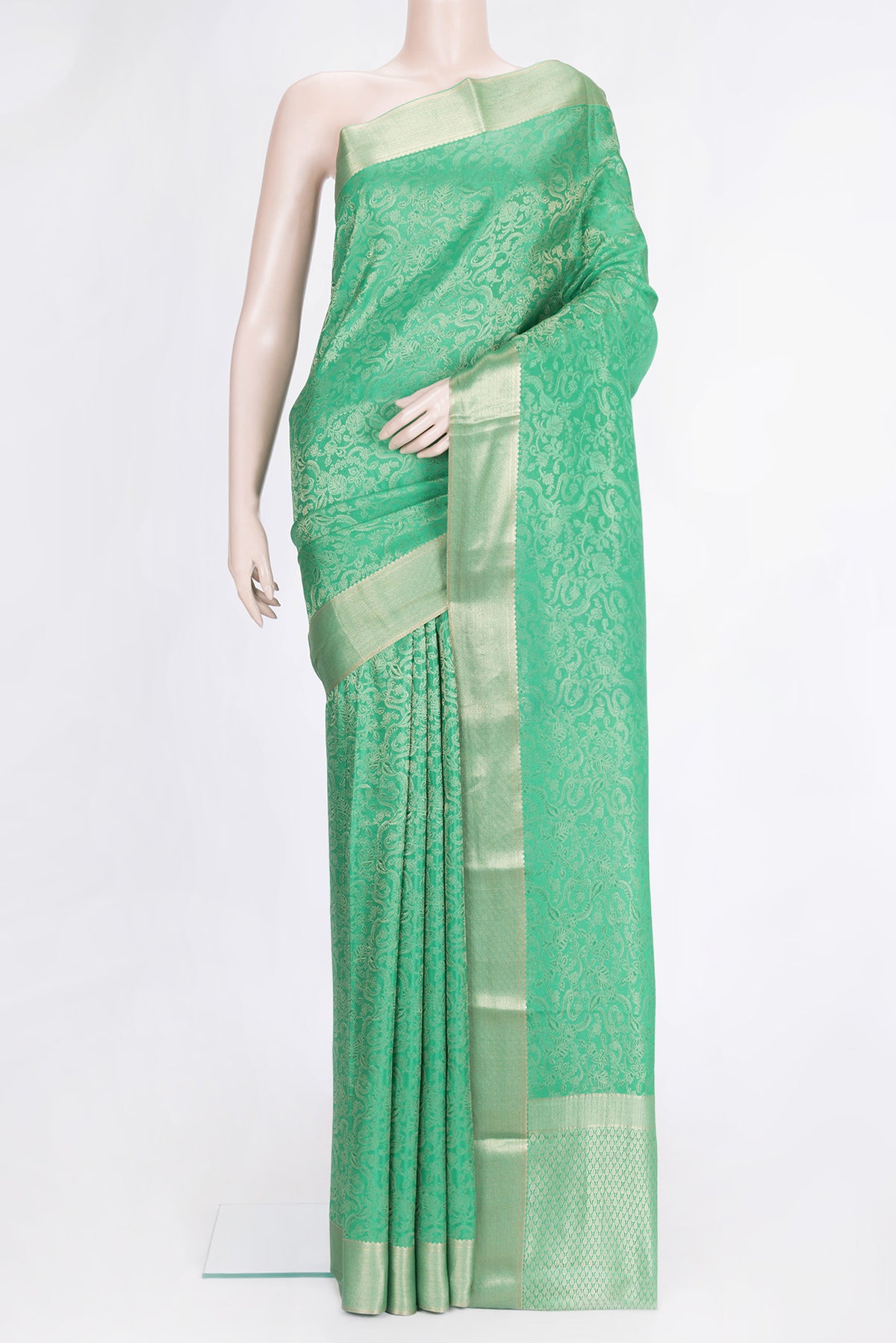 Sea Green Dual Tone Mysore Silk Saree with Zari Brocade on the body and Zari Border.  displayed on a mannequin
