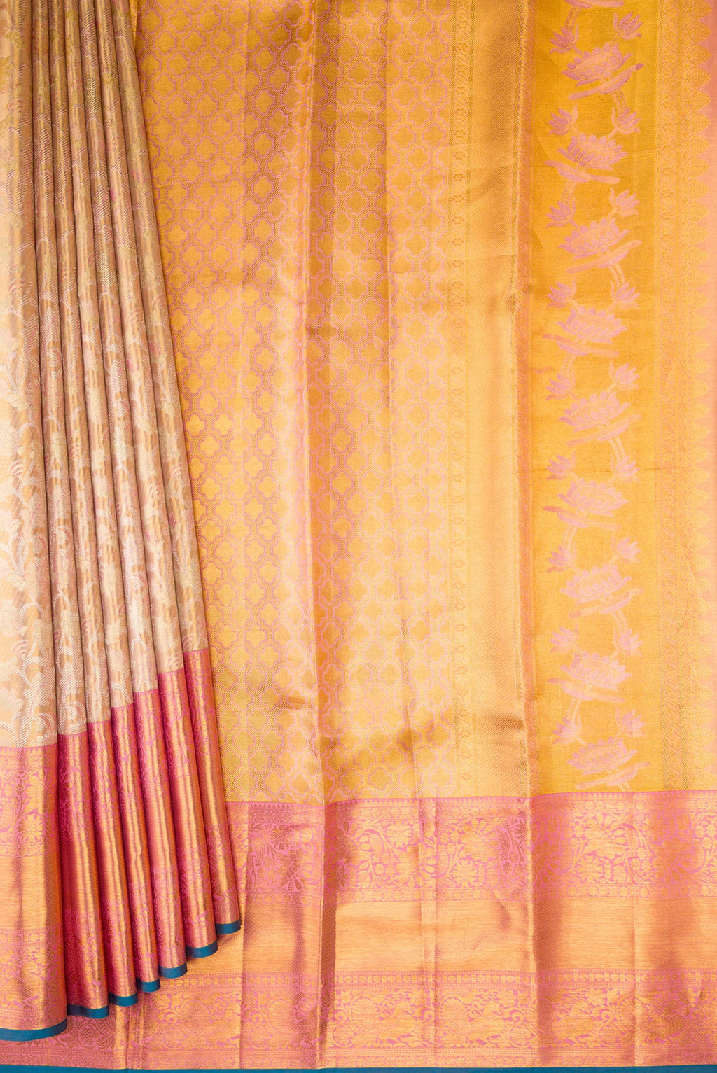 Pleats and pallu of Rose Gold Dual Tone Kanchipuram Tissue Silk Saree with Zari Brocade on the body and Zari Border. 