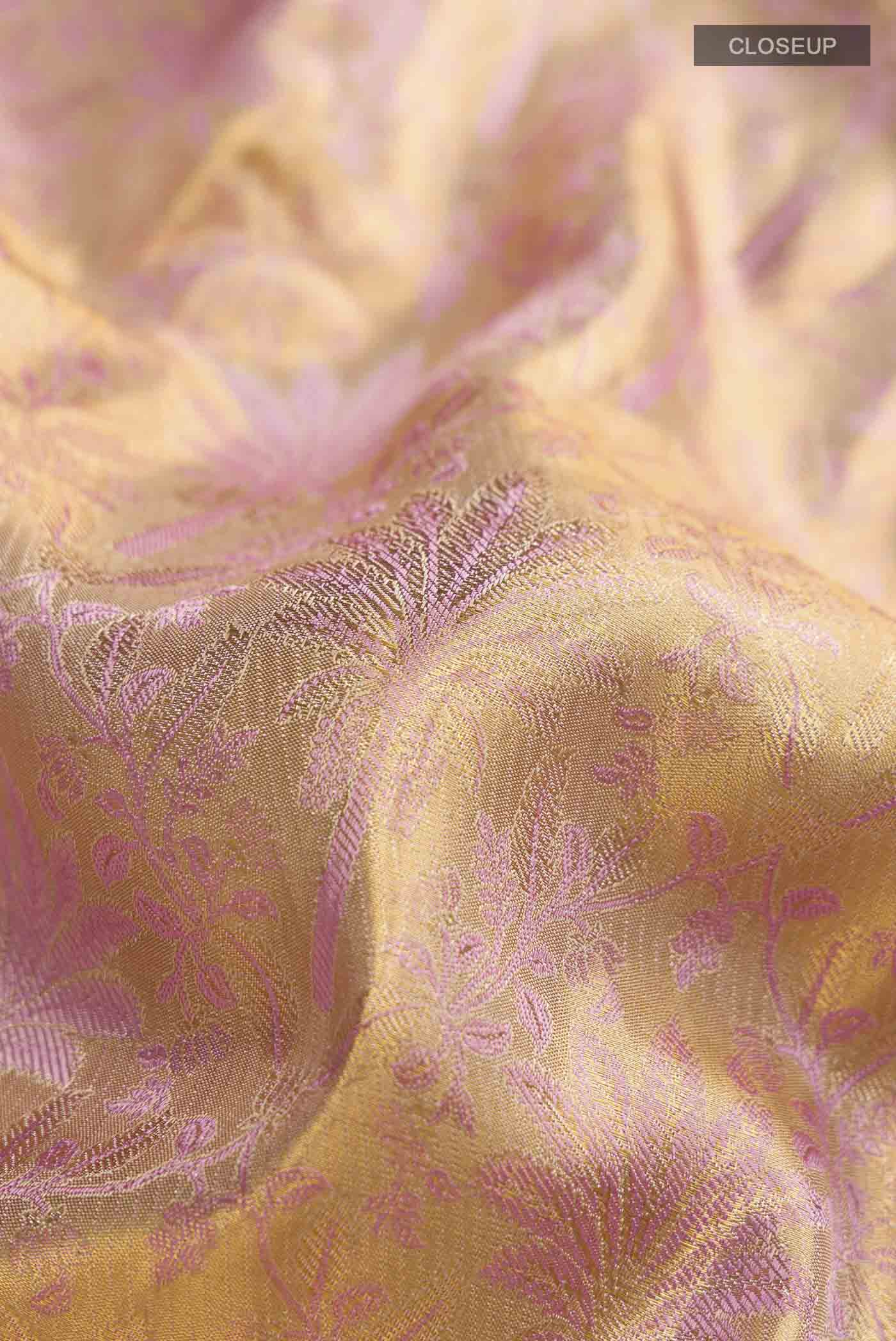 Close up of Multicolor Kanchipuram Tissue Silk Saree with Zari Brocade on the body and Zari Border displaying folds
