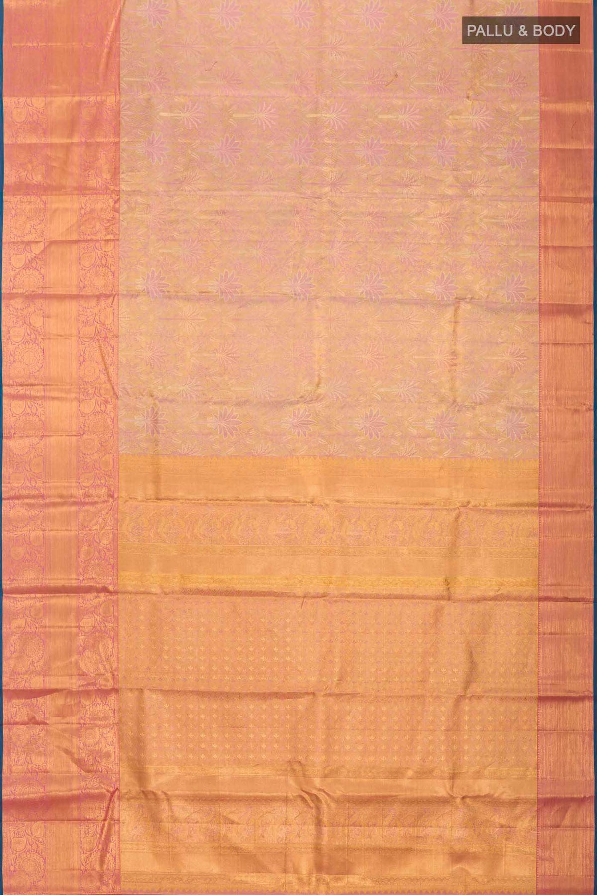 Flat view of Multicolor Kanchipuram Tissue Silk Saree with Zari Brocade on the body and Zari Border