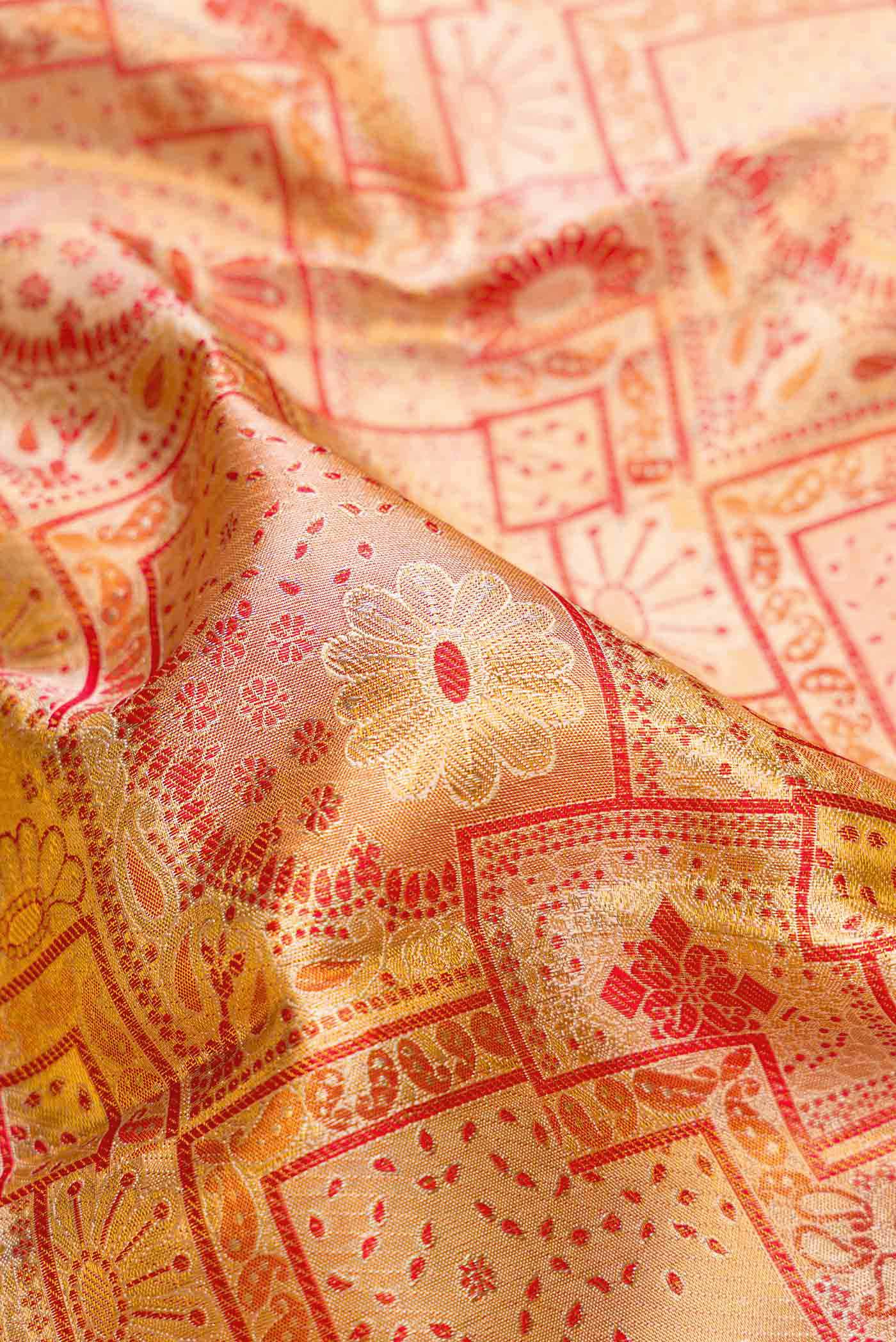 Close up of Gold Dual Tone Kanchipuram Tissue Silk Saree with Zari Brocade on the body and Zari Border.  displaying folds