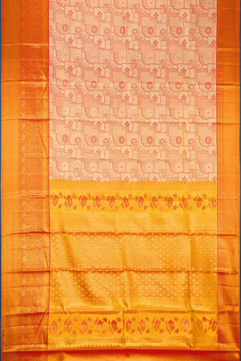 Flat view of Gold Dual Tone Kanchipuram Tissue Silk Saree with Zari Brocade on the body and Zari Border. 