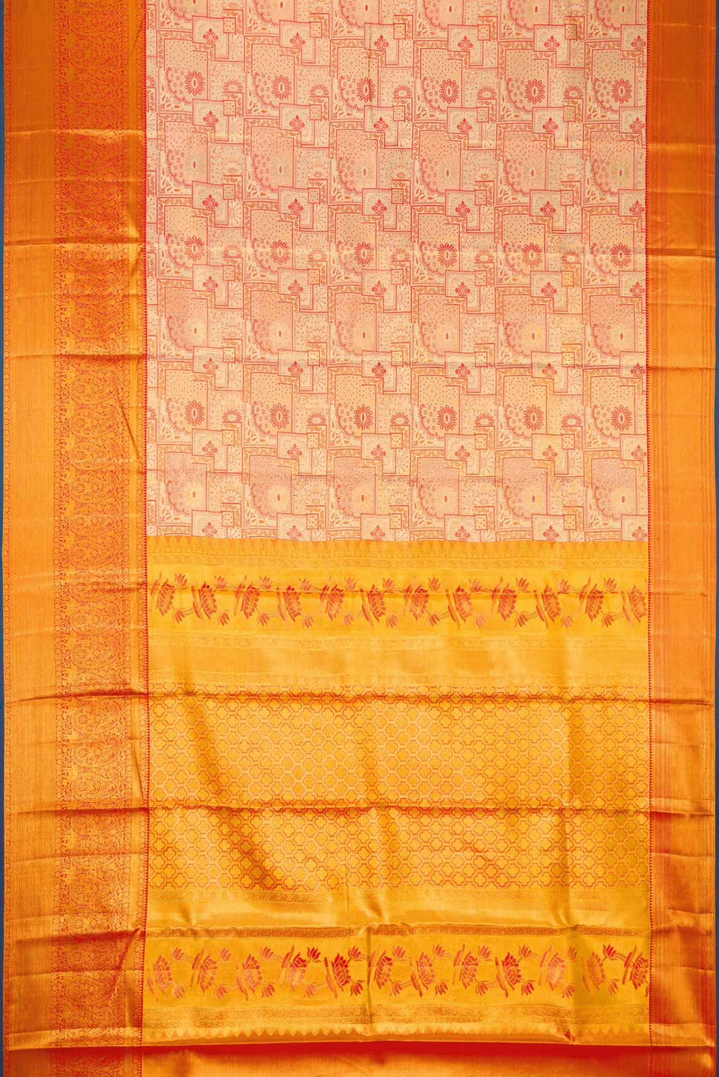 Flat view of Gold Dual Tone Kanchipuram Tissue Silk Saree with Zari Brocade on the body and Zari Border. 