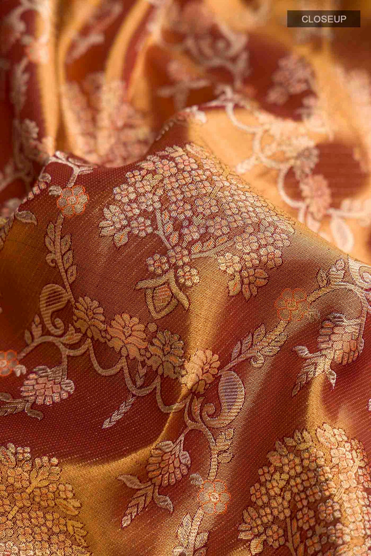 Close up of Multicolor Kanchipuram Tissue Silk Saree with Zari Brocade on the body and Zari Border displaying folds