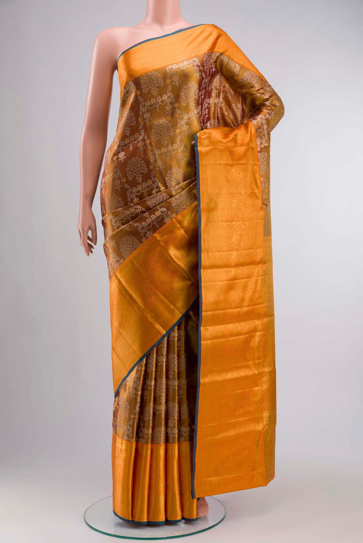 Multicolor Kanchipuram Tissue Silk Saree with Zari Brocade on the body and Zari Border displayed on a mannequin
