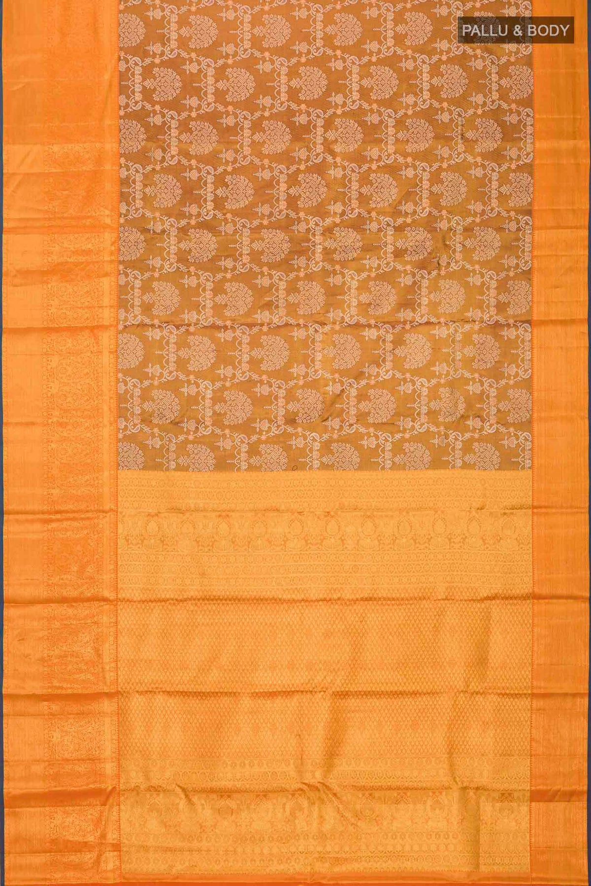 Flat view of Multicolor Kanchipuram Tissue Silk Saree with Zari Brocade on the body and Zari Border