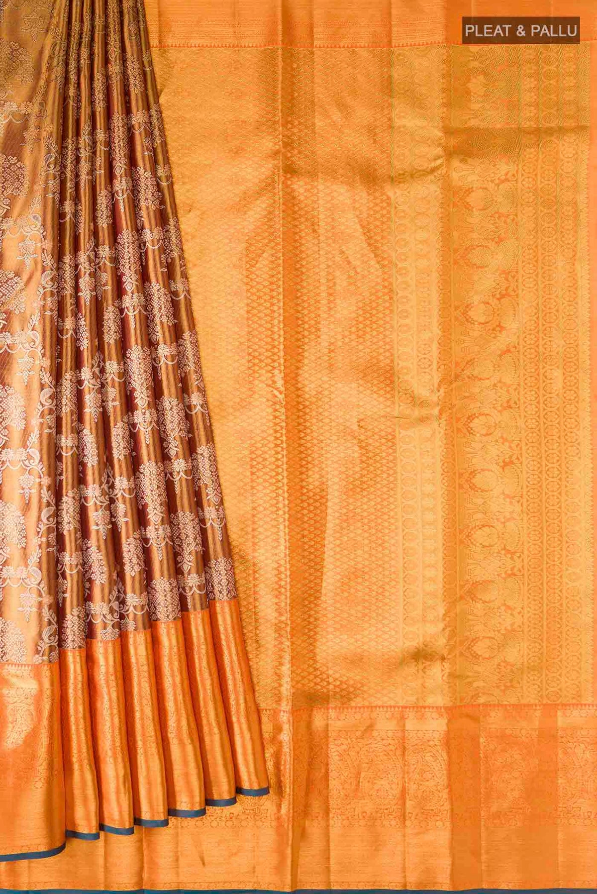 Pleats and pallu of Multicolor Kanchipuram Tissue Silk Saree with Zari Brocade on the body and Zari Border
