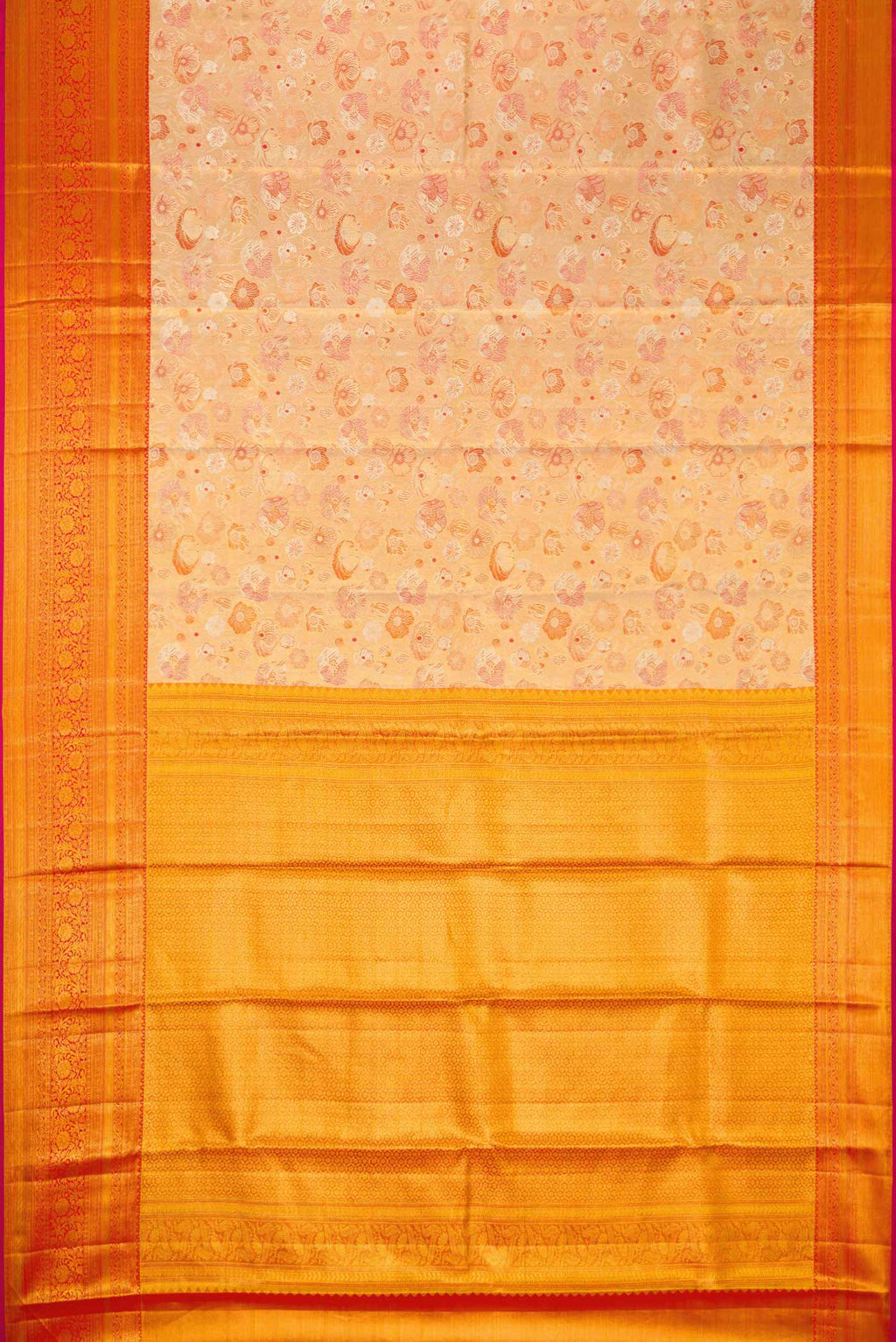 Flat view of Gold Dual Tone Kanchipuram Tissue Silk Saree with Zari Brocade on the body and Zari Border. 