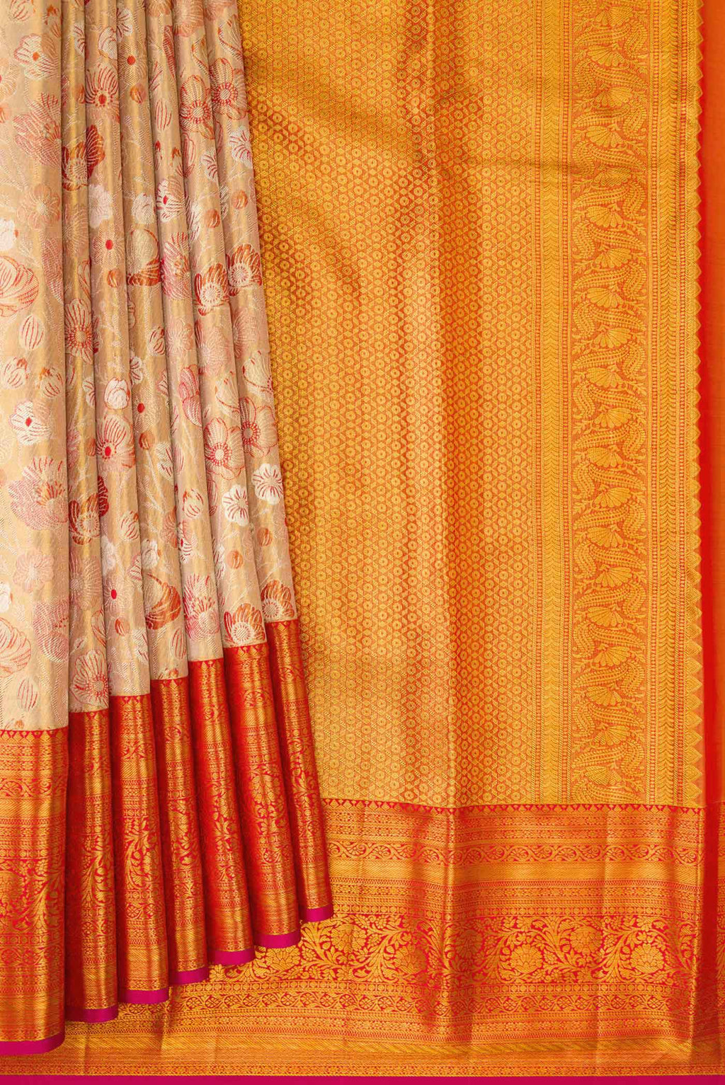 Pleats and pallu of Gold Dual Tone Kanchipuram Tissue Silk Saree with Zari Brocade on the body and Zari Border. 