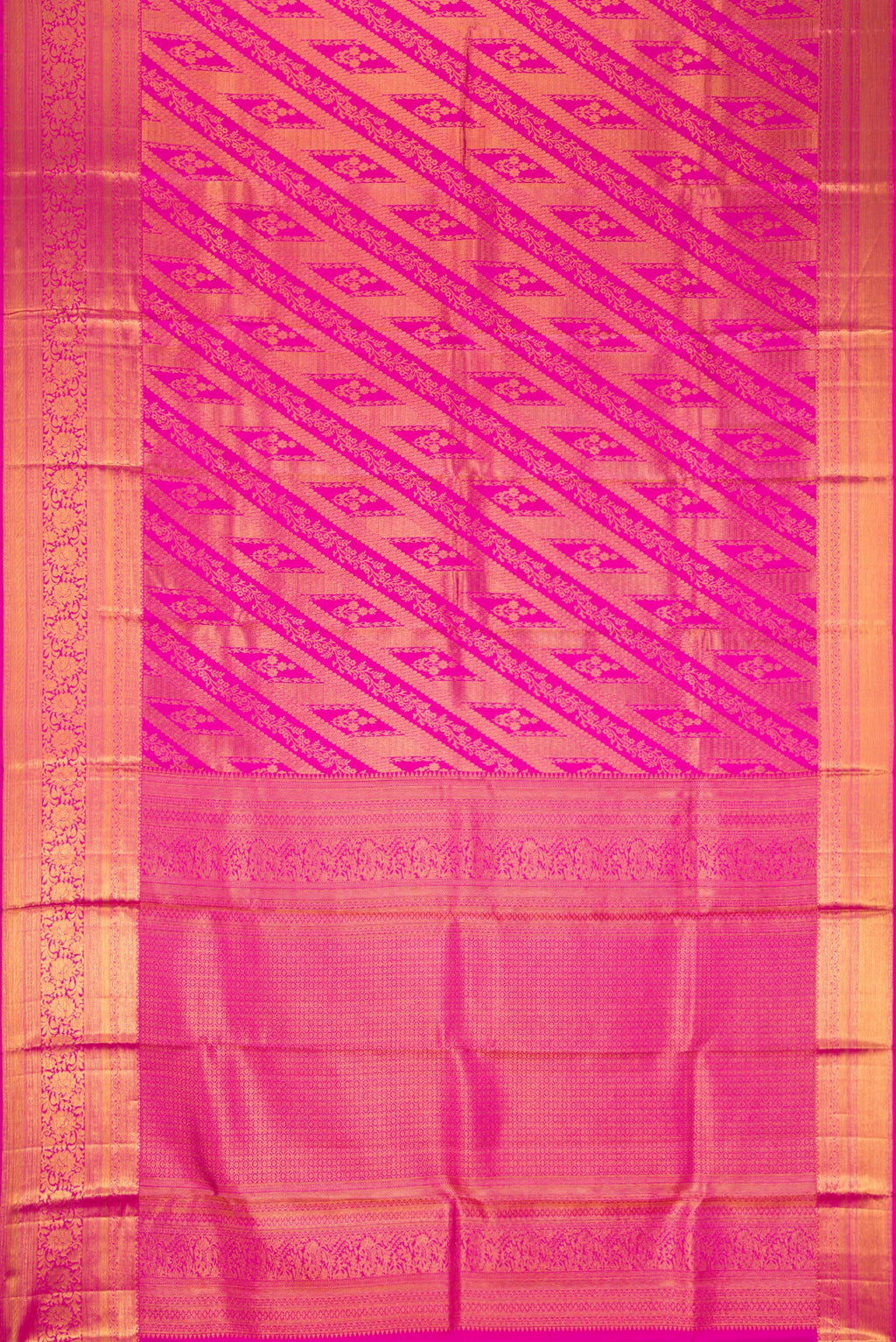 Flat view of Pink Dual Tone Kanchipuram Silk Saree with Zari Brocade on the body and Zari Border. 