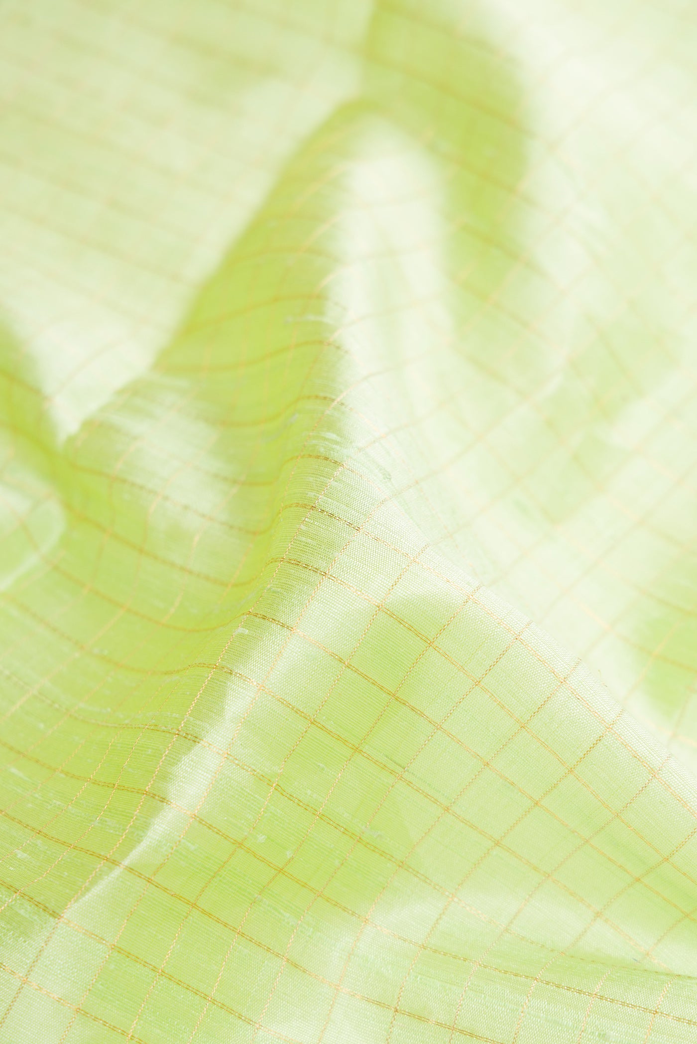Close up of Pista Green Raw Silk Saree with Checked design on the body and Zari Border.  displaying folds