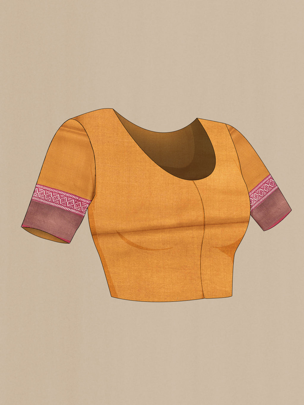 Close up image of the blouse of Beige Tussar Silk Saree with Printed design on the body and Zari Border. 