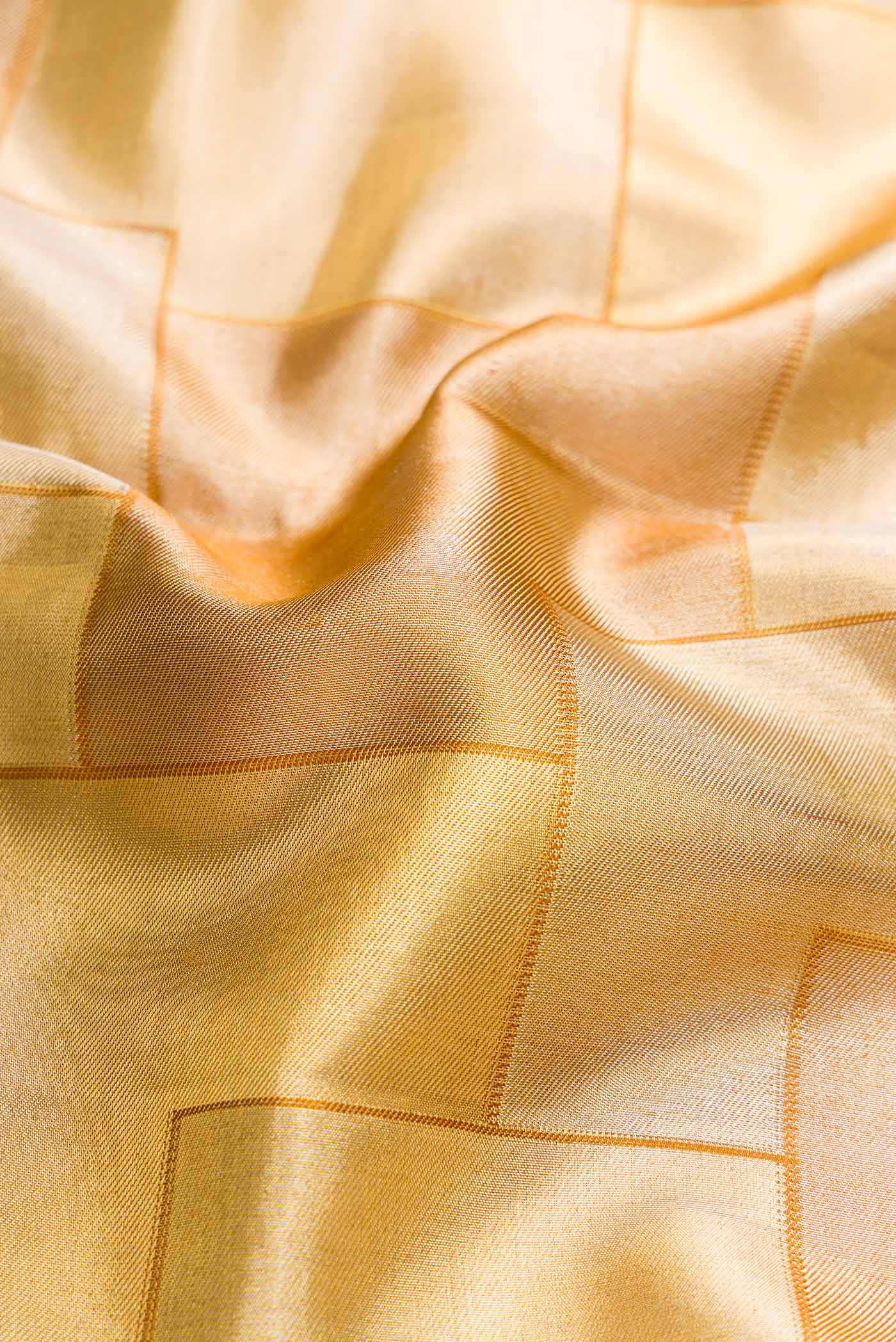 Close up of Gold Dual Tone Kanchipuram Silk Saree with Zari Brocade on the body and Zari Border displaying folds